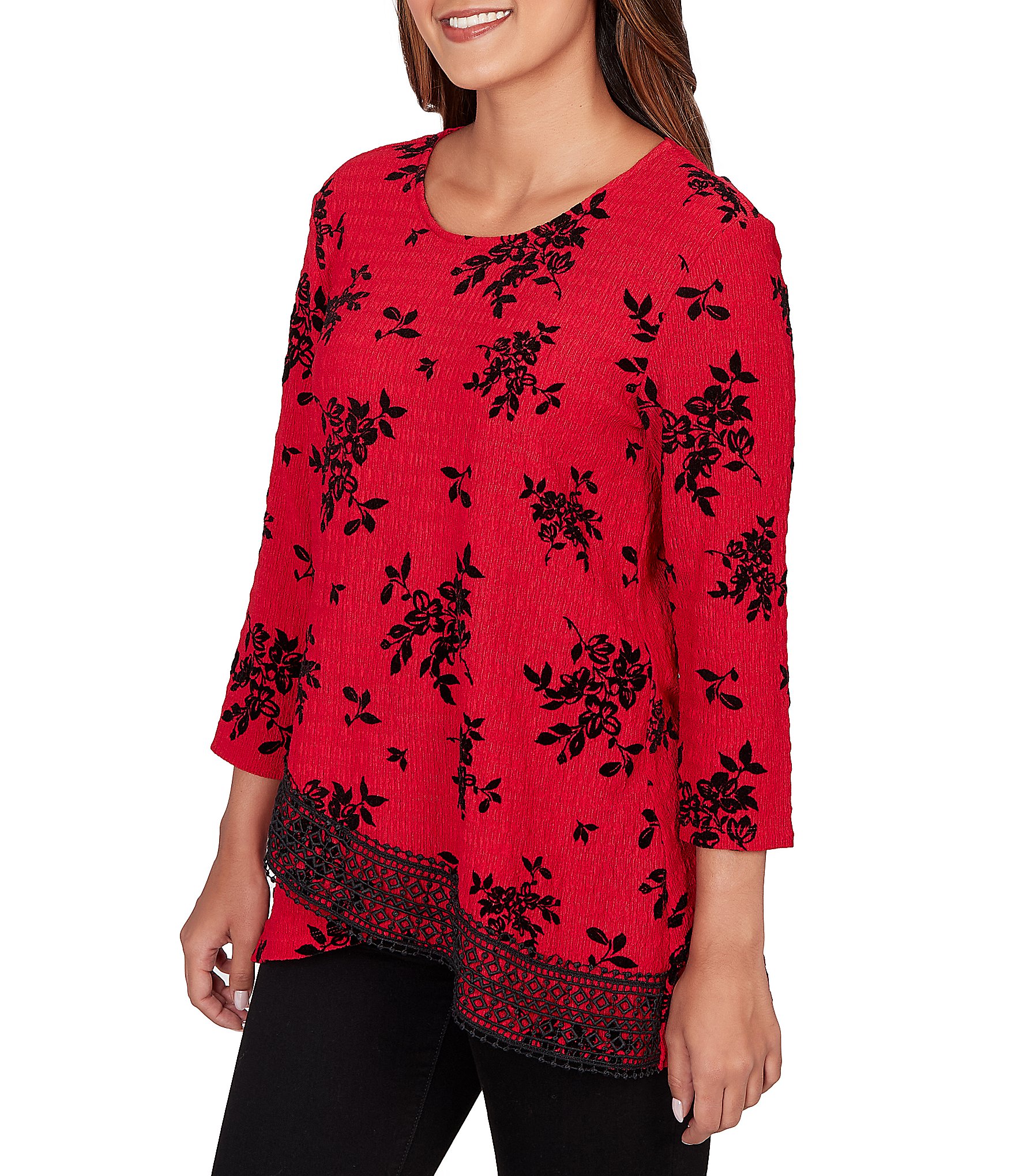 Ruby Rd. Flocking Floral Print Knit 3/4 Sleeve Lace Crossover Hem Top