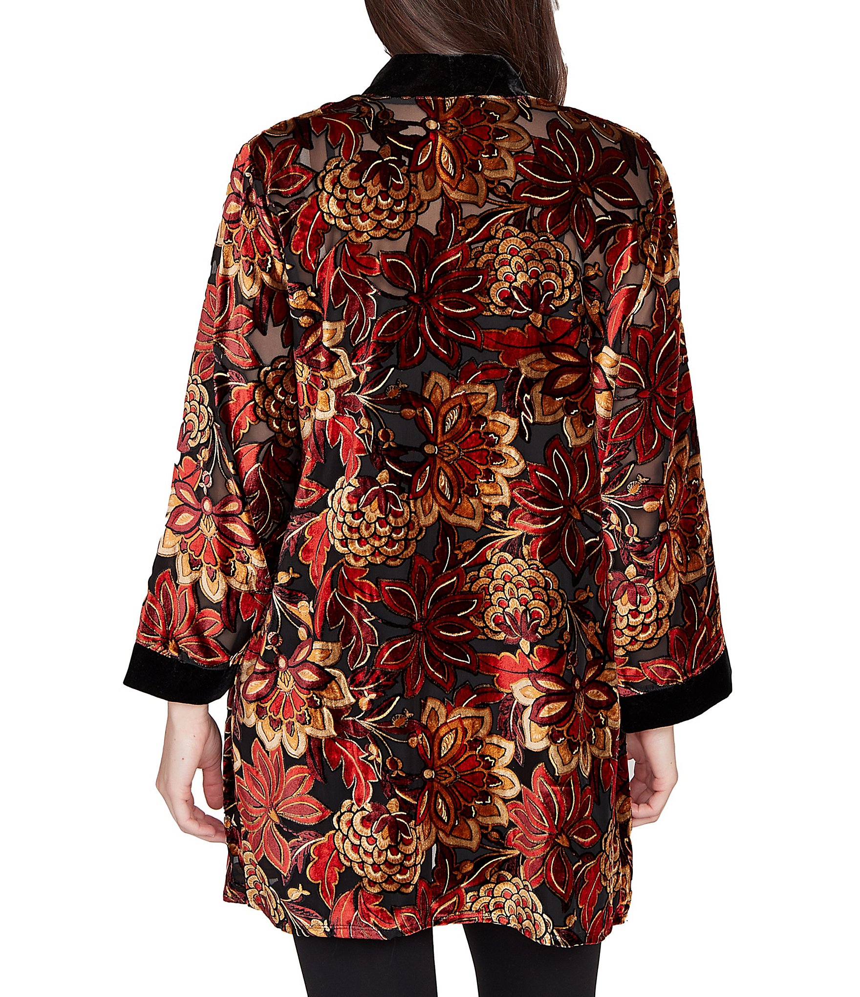 Ruby Rd. Floral Burnout Velvet Shawl Collar Bracelet Sleeve Open-Front Cardigan