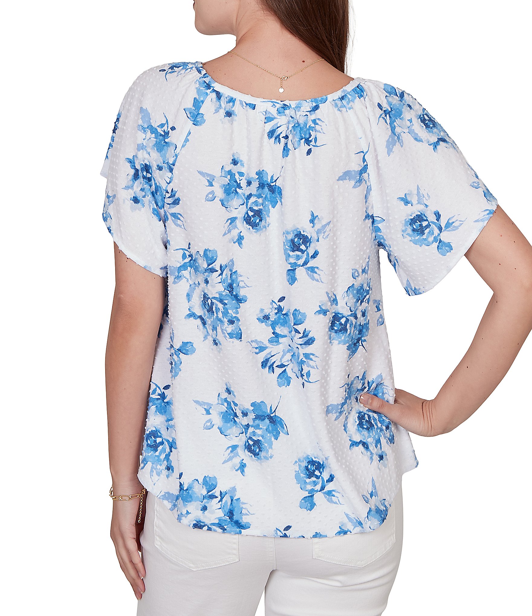 Ruby Rd. Floral Clip Dot Eyelet V-Neck Short Flutter Sleeve Top