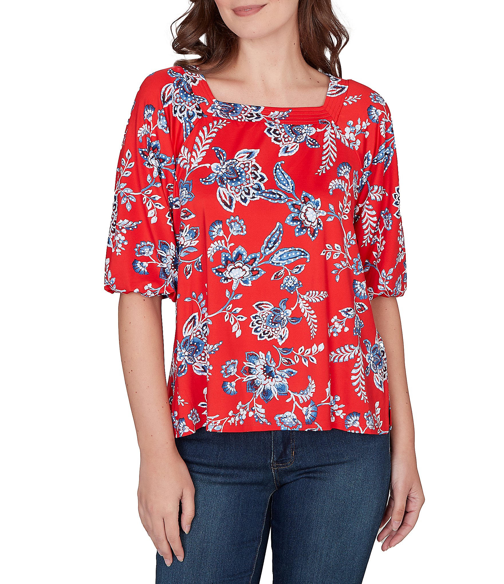 Ruby Rd. Floral Square Neck Elbow-Length Sleeve Knit Top