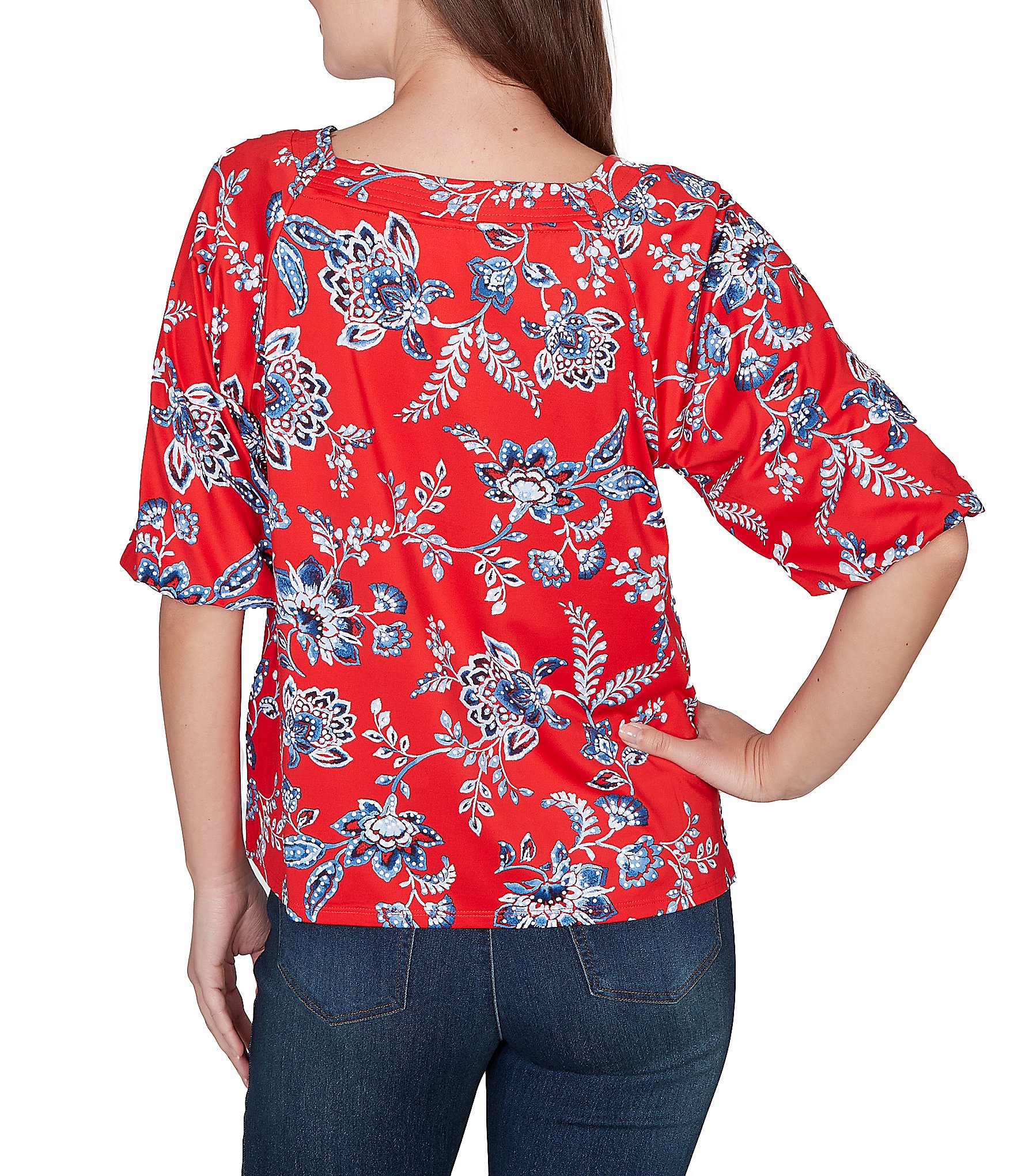 Ruby Rd. Floral Square Neck Elbow-Length Sleeve Knit Top