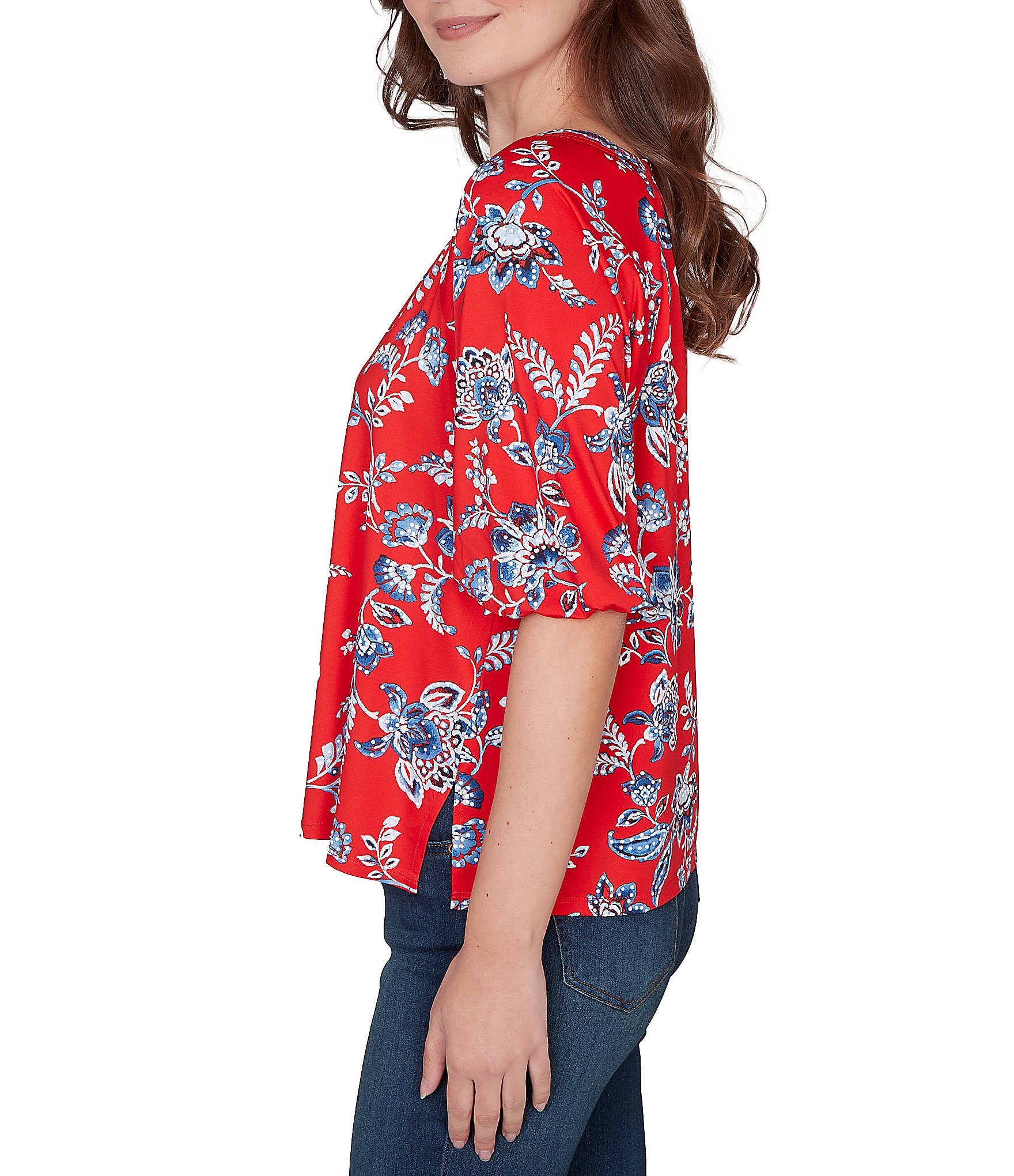 Ruby Rd. Floral Square Neck Elbow-Length Sleeve Knit Top