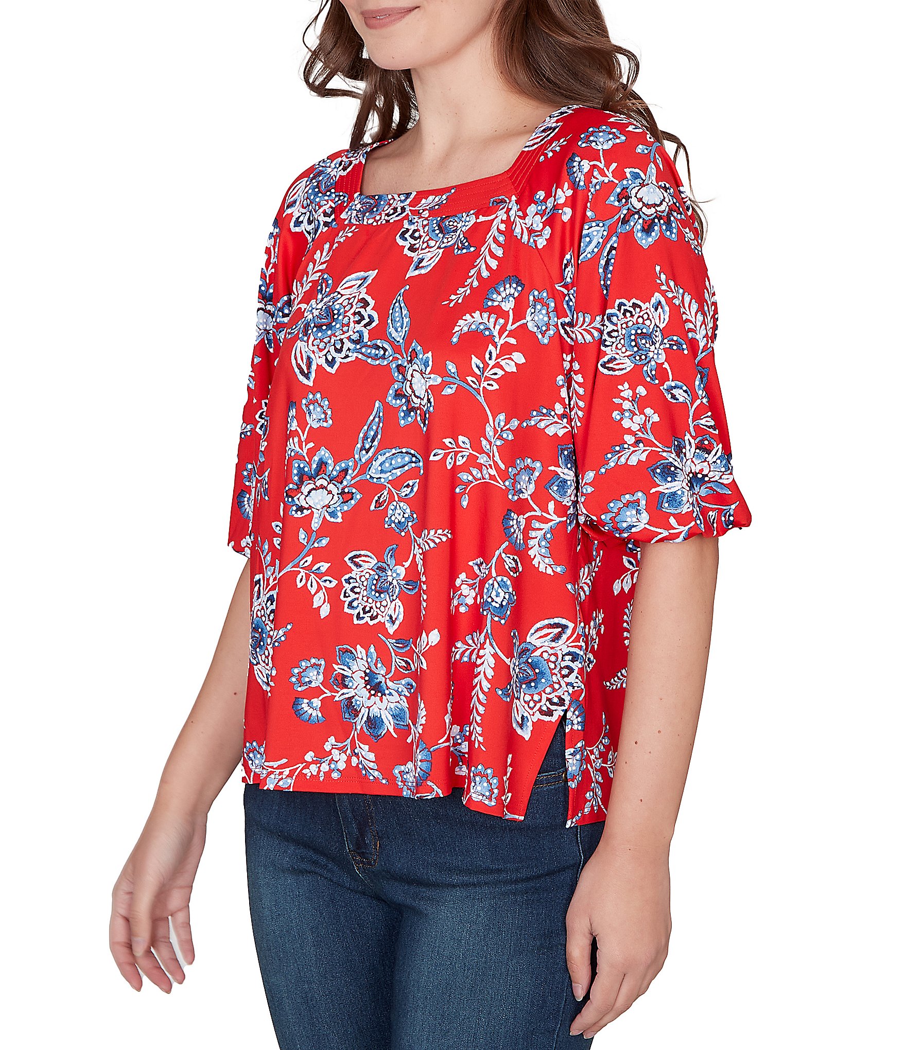 Ruby Rd. Floral Square Neck Elbow-Length Sleeve Knit Top