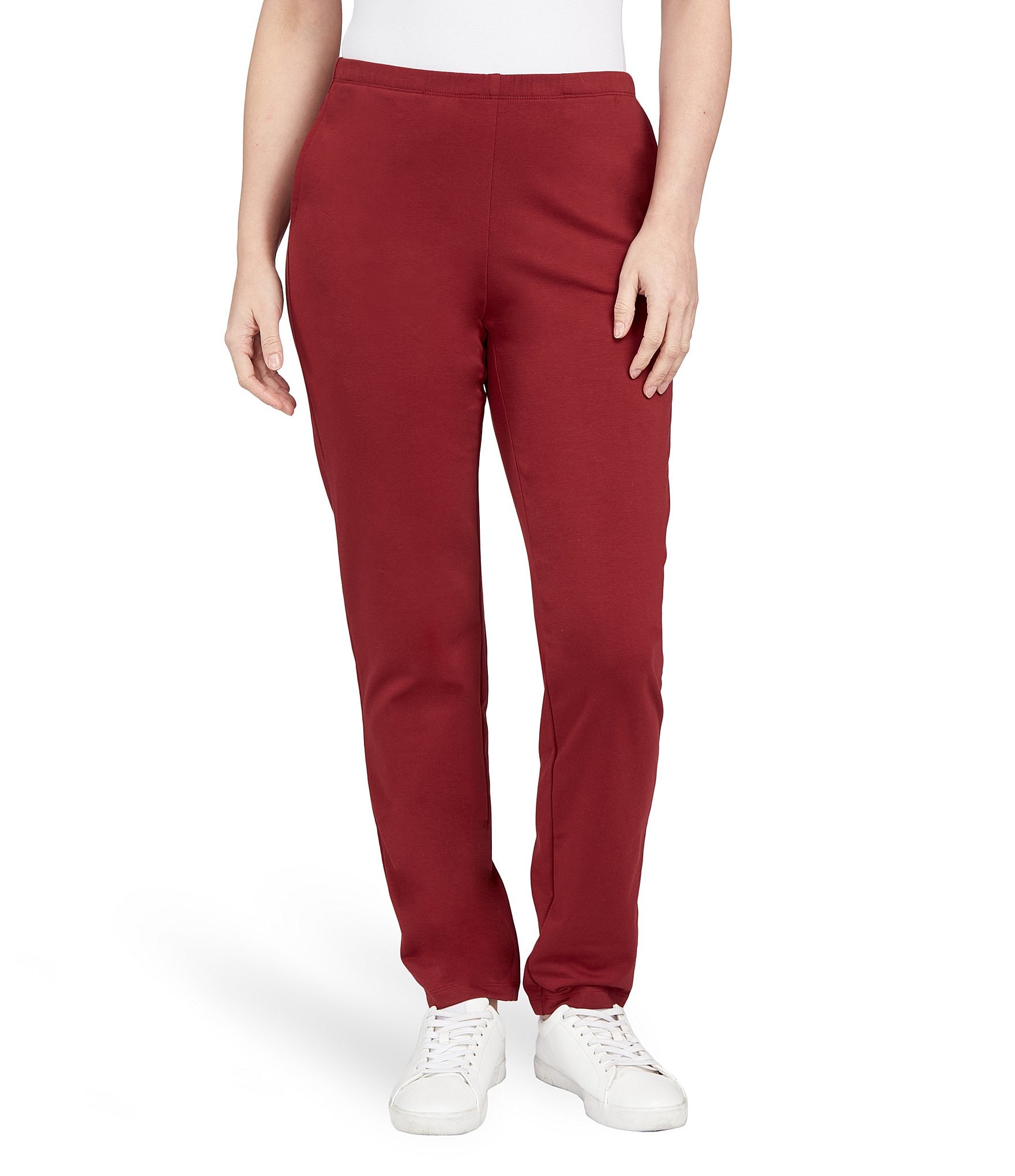 Du Jour Pull-On Ponte Knit Ankle Pants With Front Slit Poppy Red