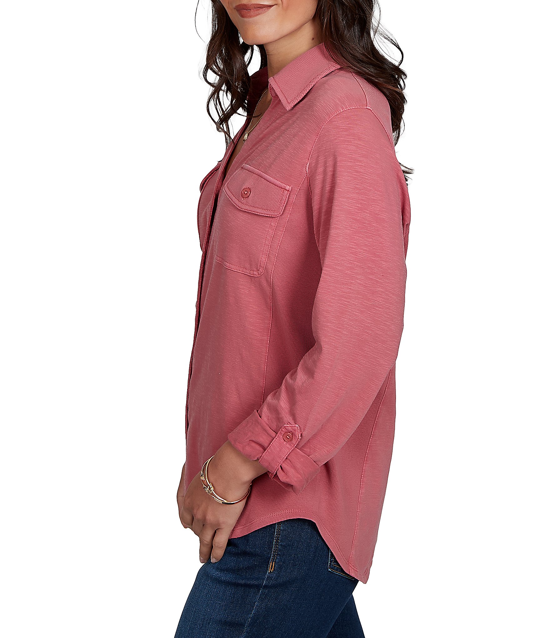 Ruby Rd. Garment Washed Point Collar 3/4 Roll-Tab Sleeve Button Front Shirt