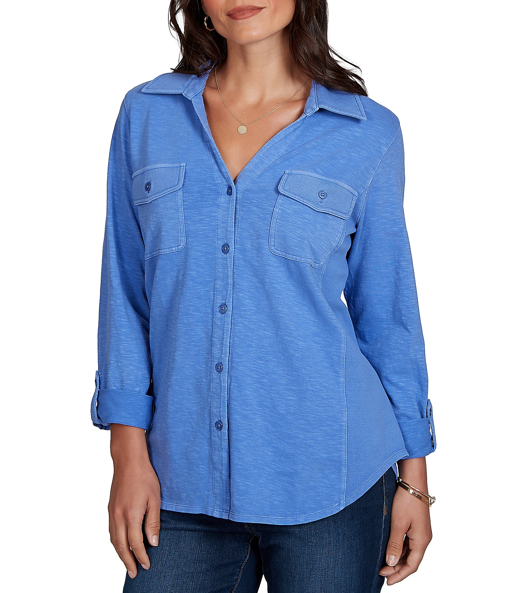 Ruby Rd. Garment Washed Point Collar 3/4 Roll-Tab Sleeve Button Front Shirt