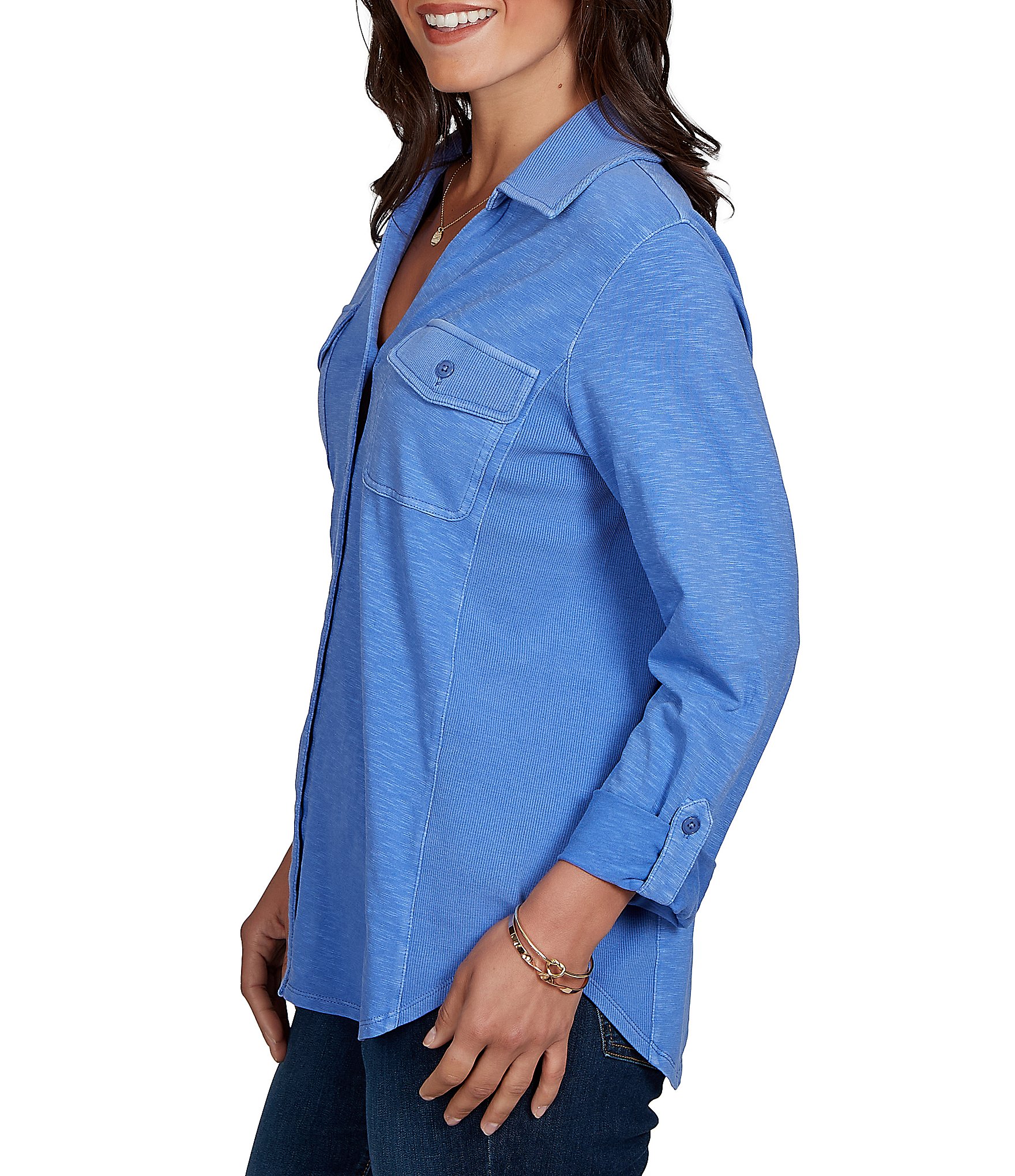 Ruby Rd. Garment Washed Point Collar 3/4 Roll-Tab Sleeve Button Front Shirt