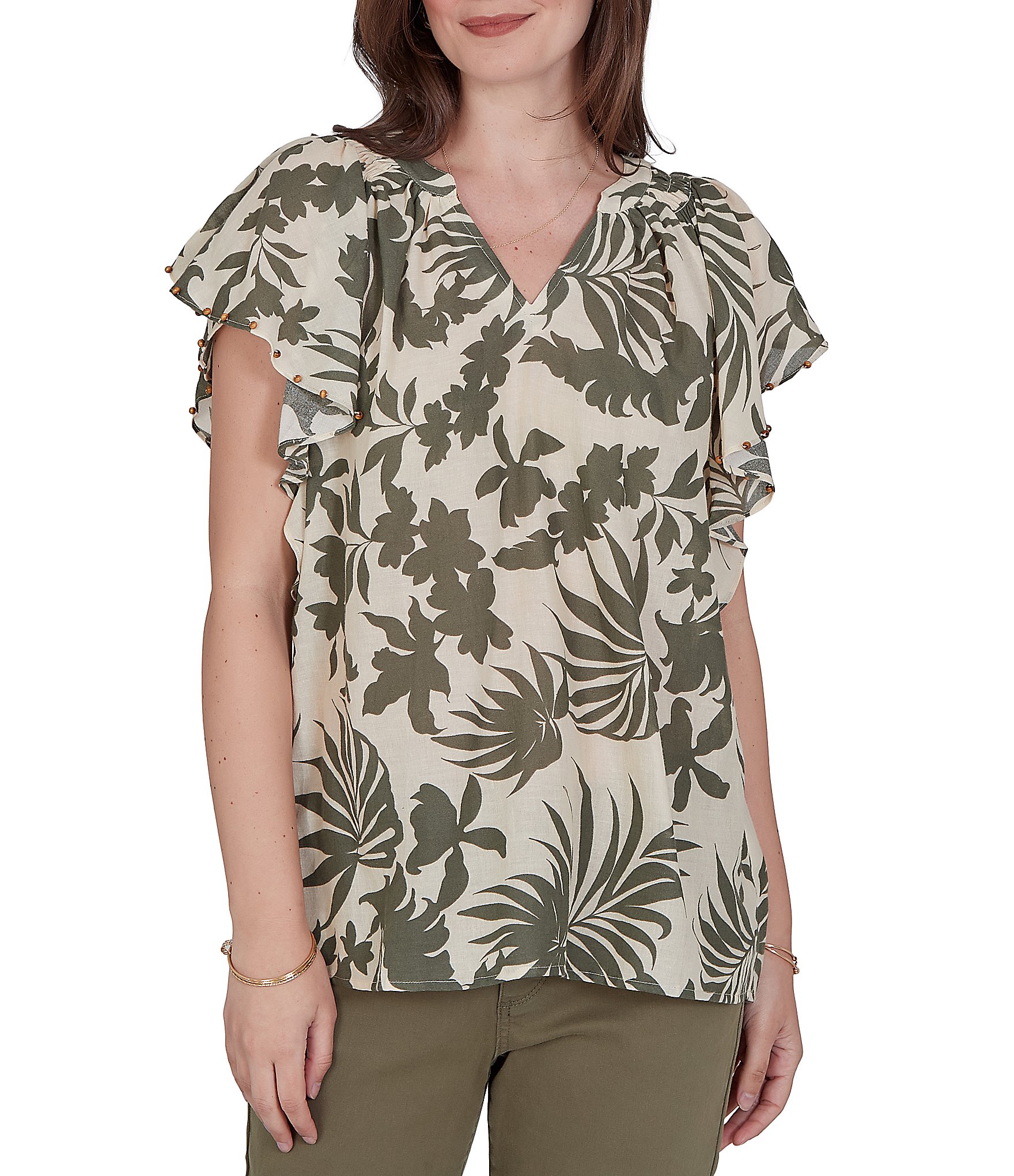 Ruby Rd. Gauze Stone Multi V-Neck Short Flutter Sleeve Top