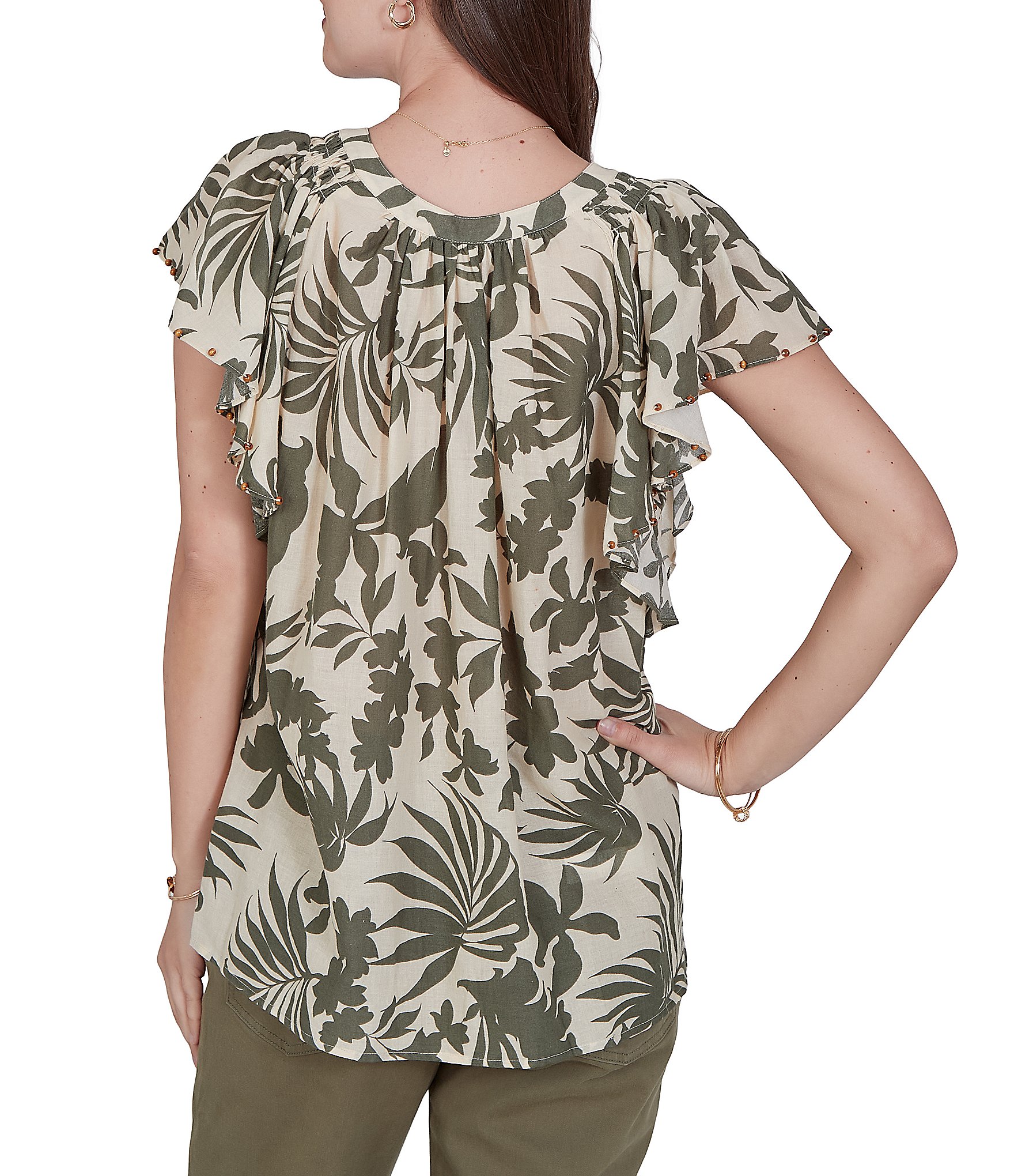 Ruby Rd. Gauze Stone Multi V-Neck Short Flutter Sleeve Top