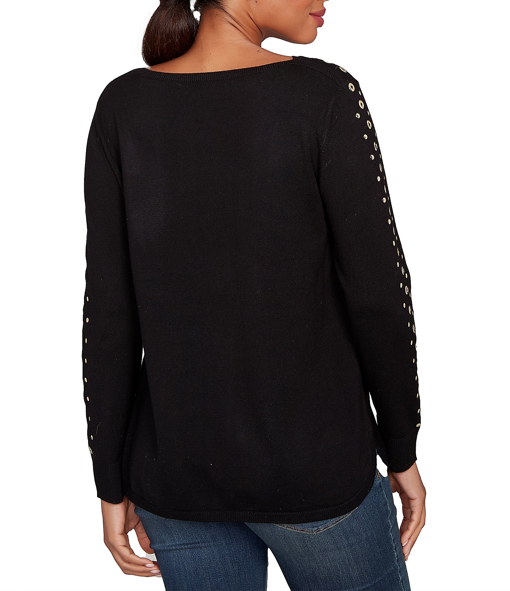 Ruby Rd. Gleaming Grommet Embellished Fine-Gauge Boat Neck Sweater