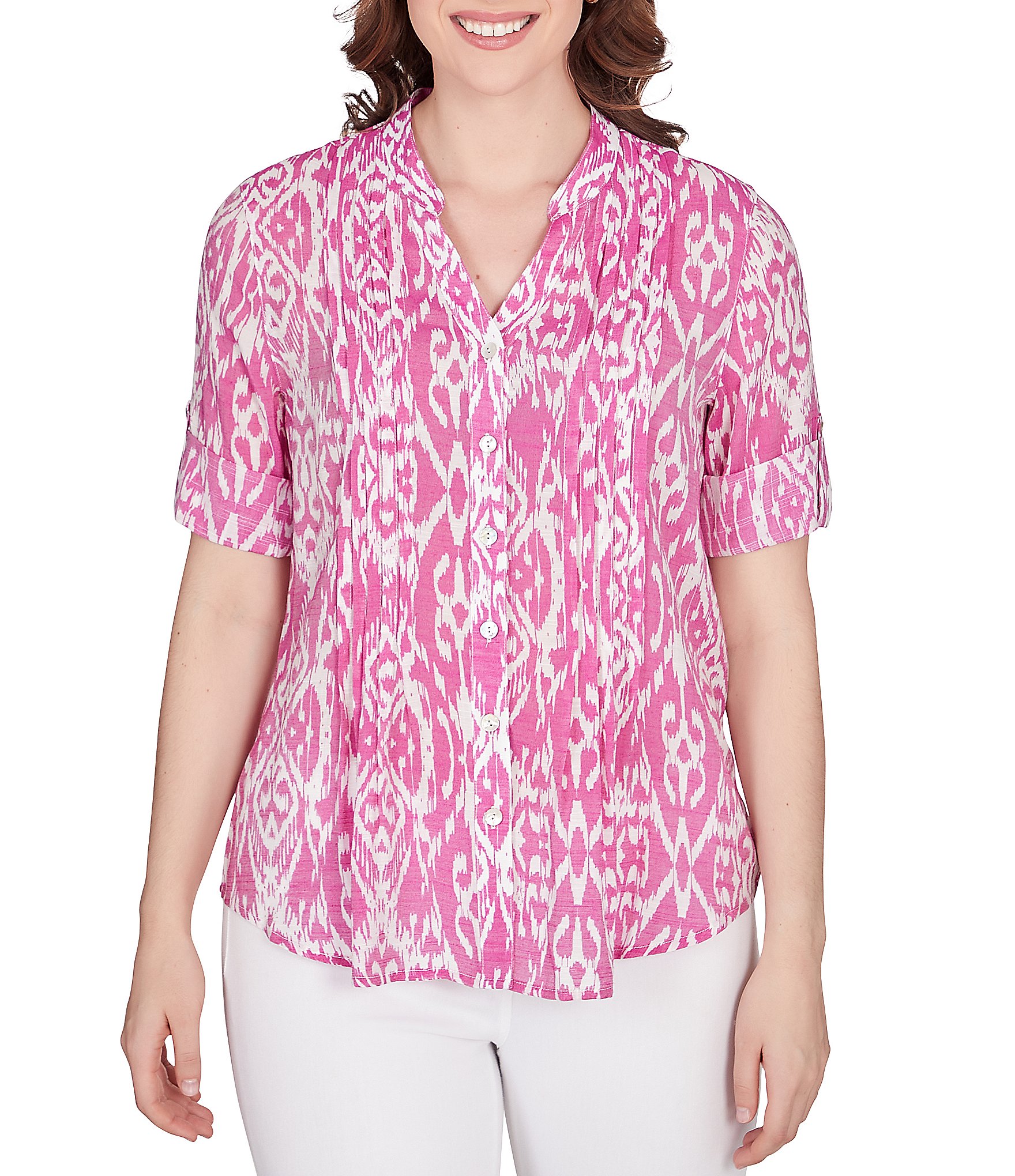 Ruby Rd. Ikat Print Lotus Woven Band Collar Split V-Neck Ruby Rd. Ikat Print Lotus Woven Band Collar Split V-Neck