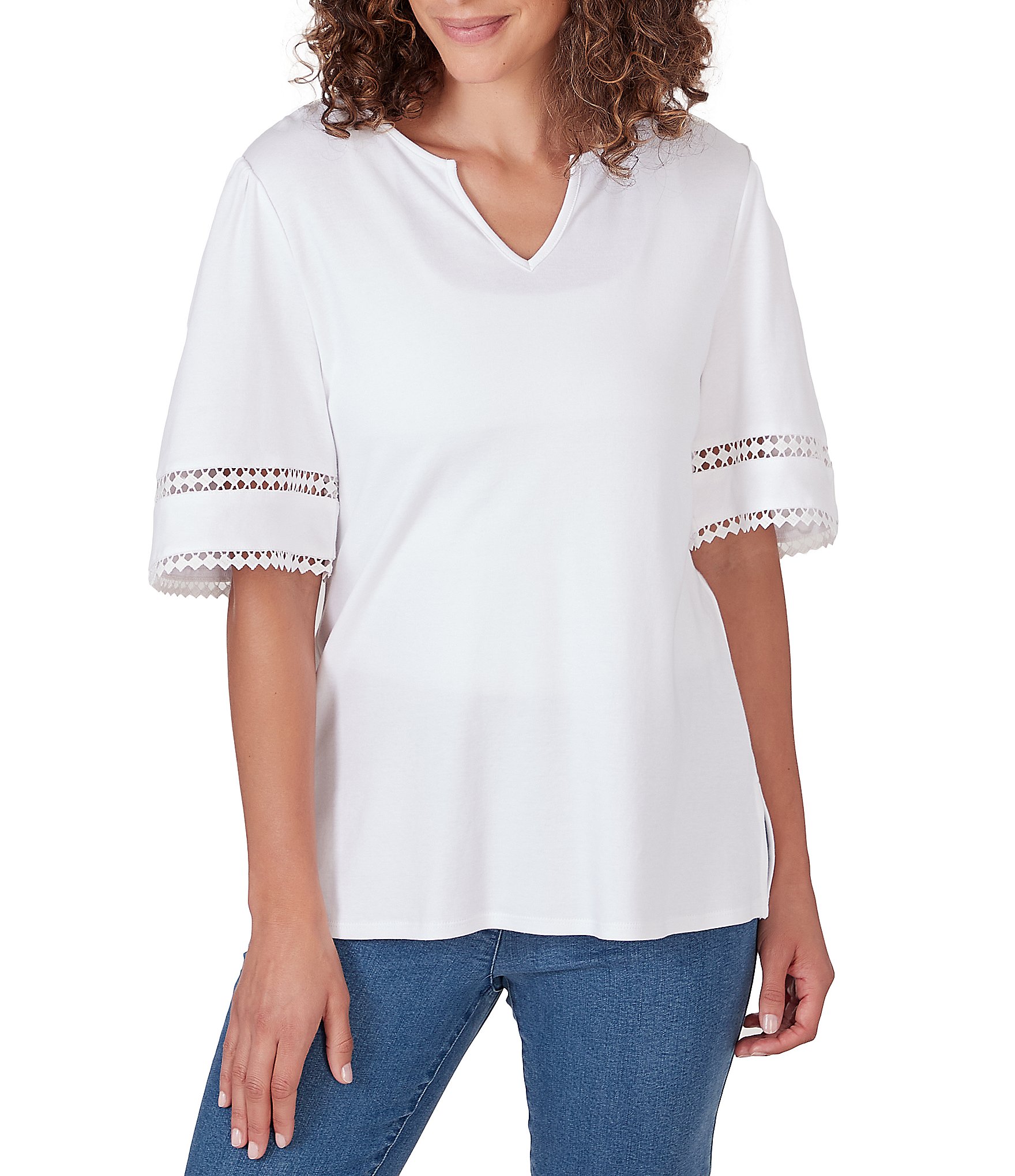 Ruby Rd. Interlock Knit Split V-Neck Elbow Lace-Inset Sleeve Top | Dillard's