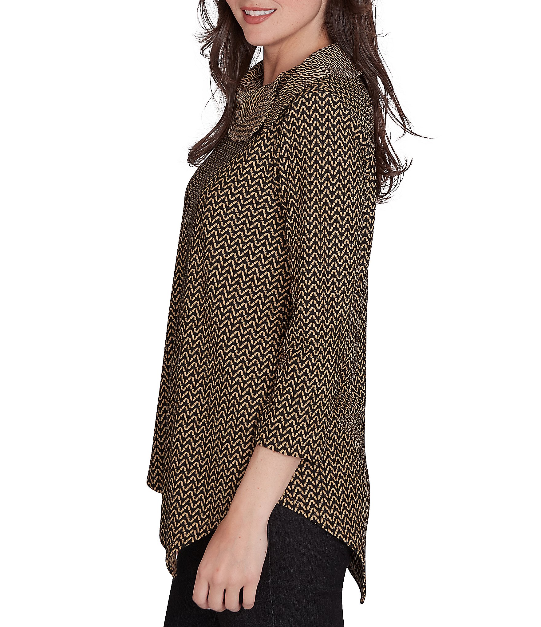 Ruby Rd. Herringbone Jacquard Knit Cowl Neck 3/4 Sleeve Asymmetric Hem Top