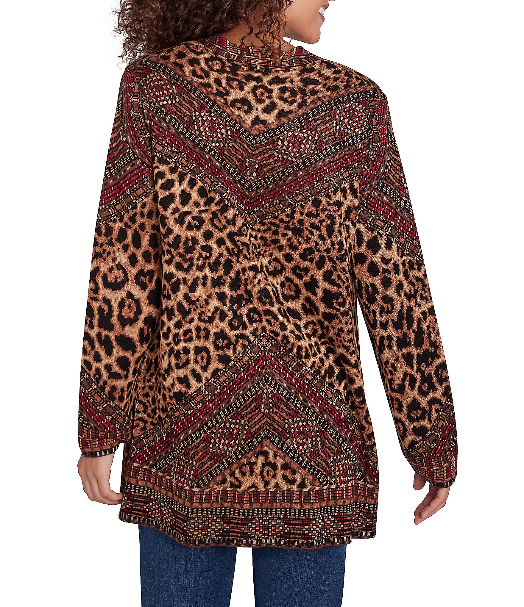 Ruby Rd. Jacquard Knit Animal Multi Placement Print Long Sleeve Open-Front Cardigan Sweater