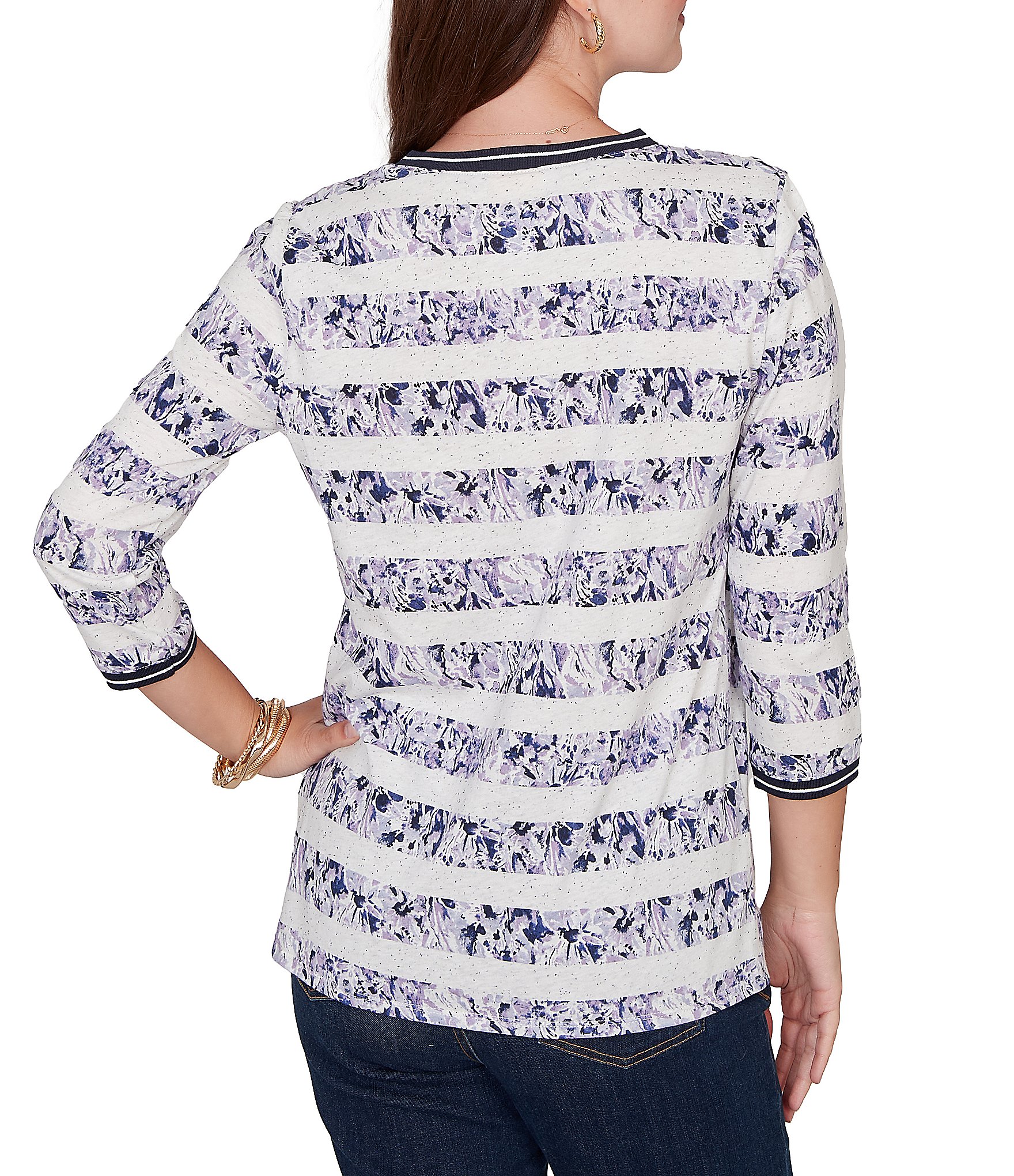 Ruby Rd. Jersey Knit 3/4 Sleeve Floral Stripe Contrast Tipping Twist Front Hem Top