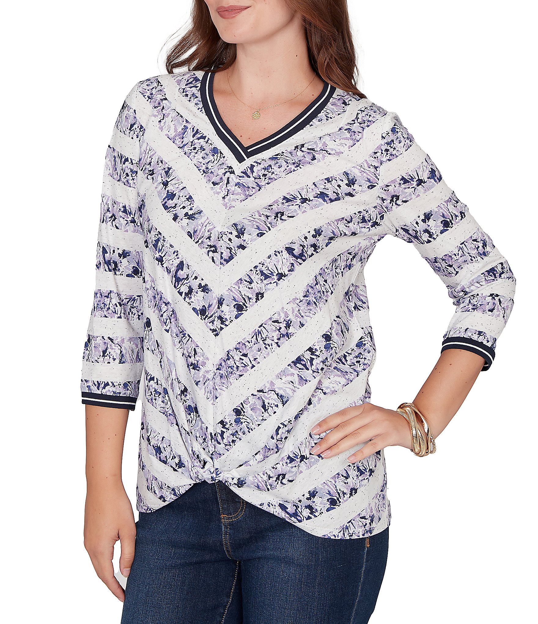 Ruby Rd. Jersey Knit 3/4 Sleeve Floral Stripe Contrast Tipping Twist Front Hem Top