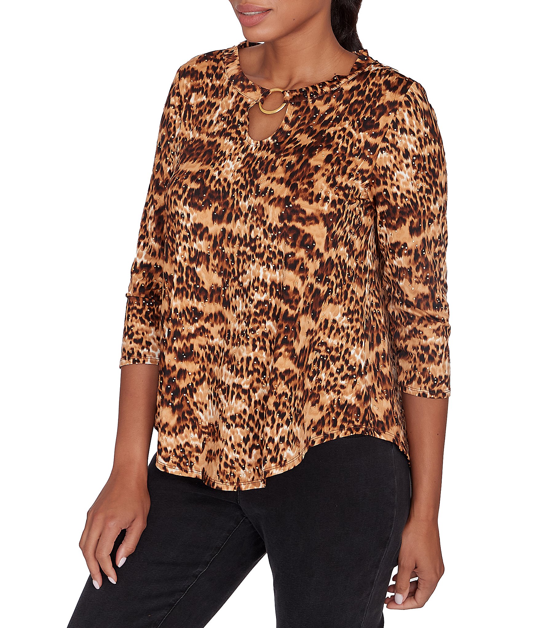 Ruby Rd. Knit Animal Print Keyhole Ring Detail 3/4 Sleeve Dew Drop Accent Top