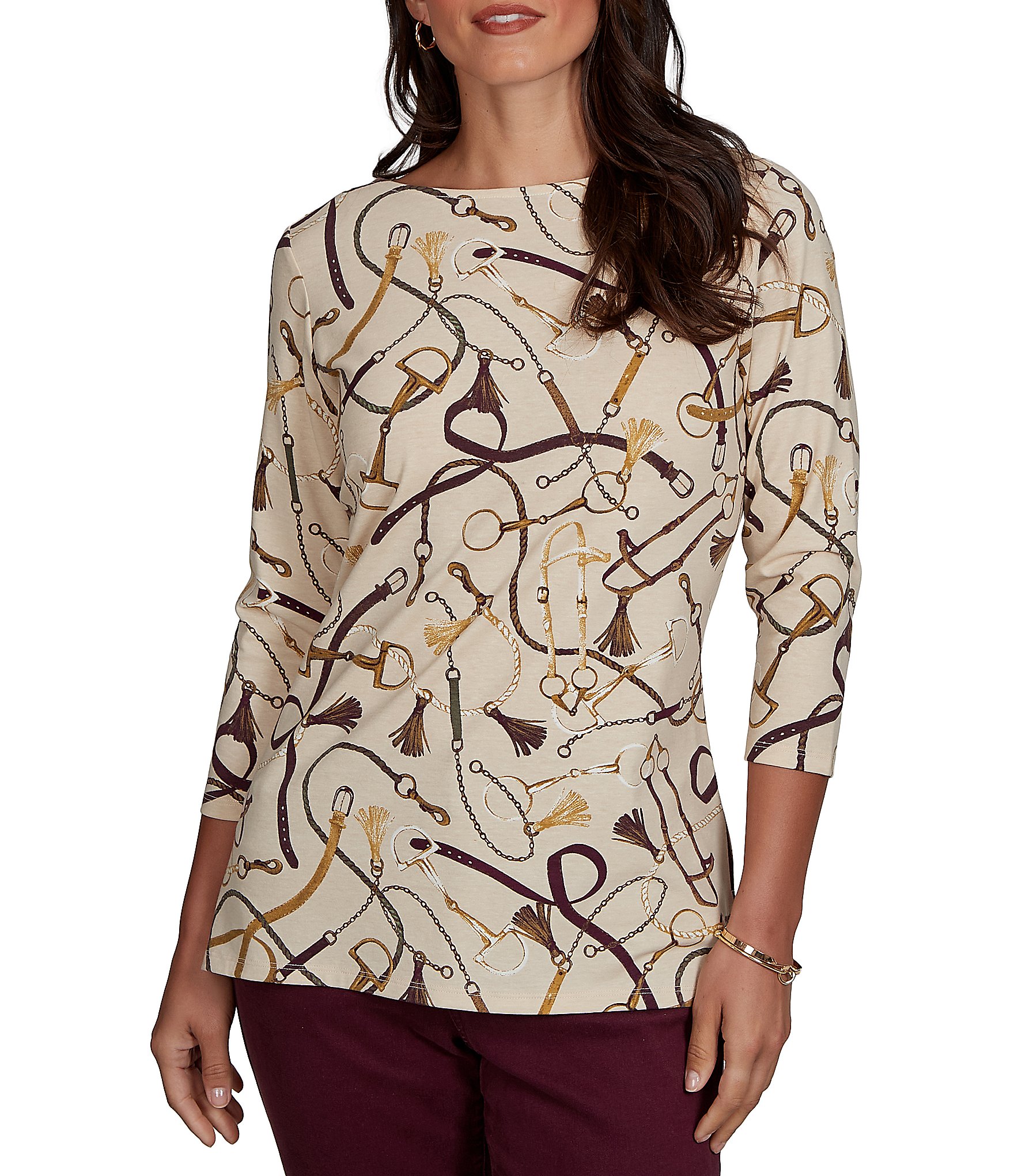Ruby Rd. Knit Equestrian Tassel Allover Print Boat Neck 3/4 Sleeve Top