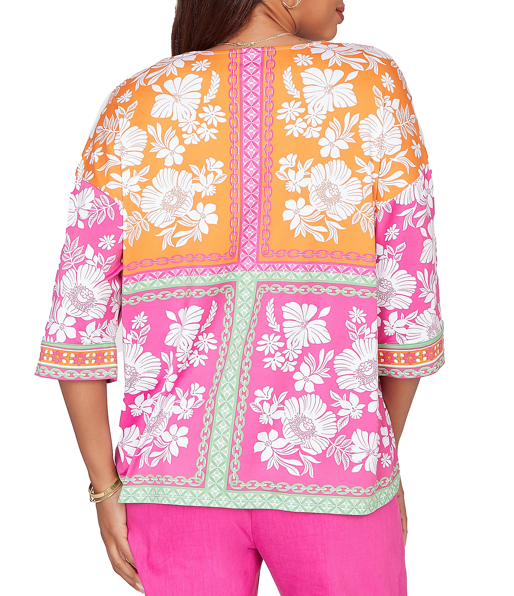 Ruby Rd. Knit Floral Patchwork Print V-Neck 3/4 Sleeve Top