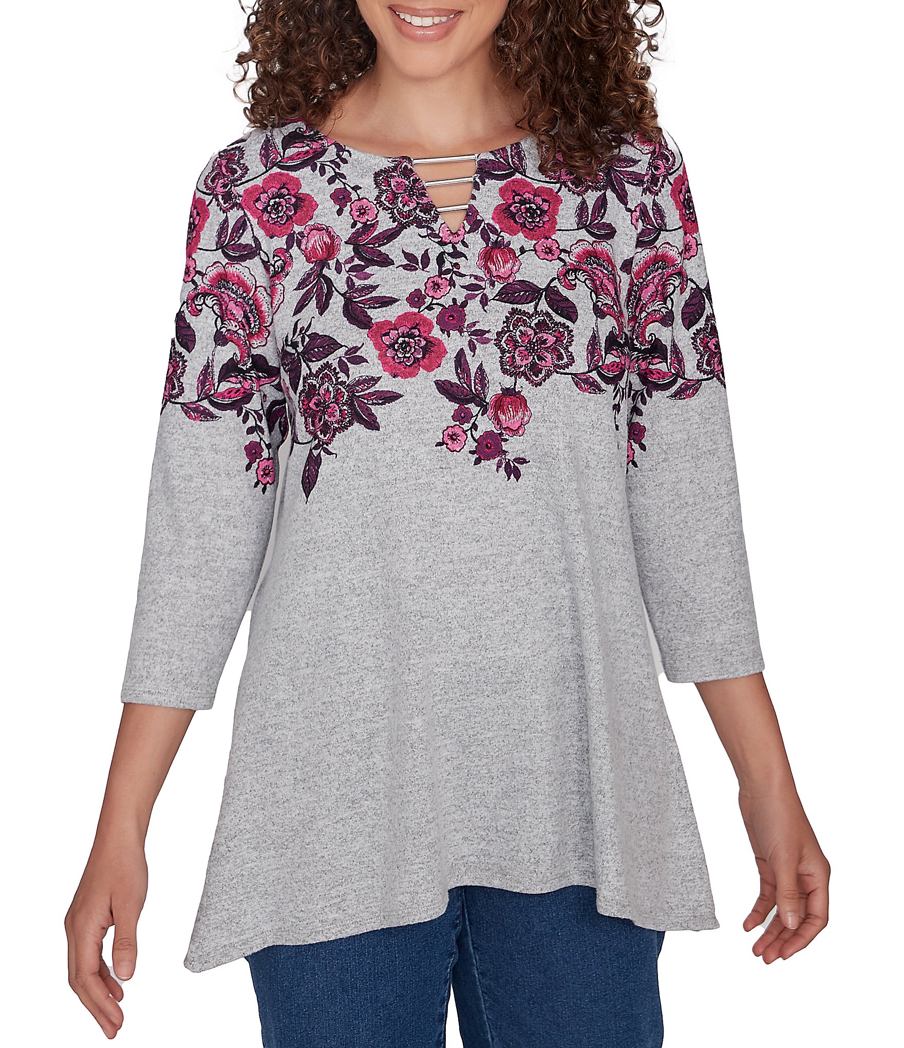 Ruby Rd. Knit Floral Vine Split V-Neck 3/4 Sleeve Top