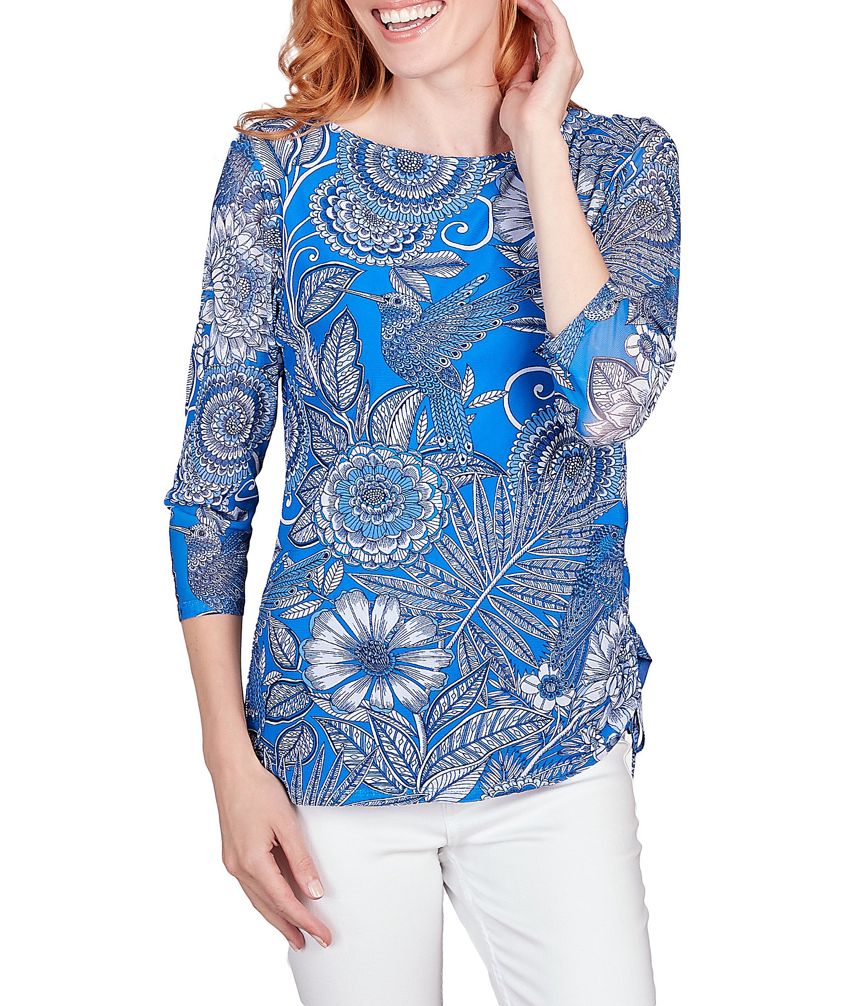 Ruby Rd. Plus Size Knit Parakeet Border Print Top