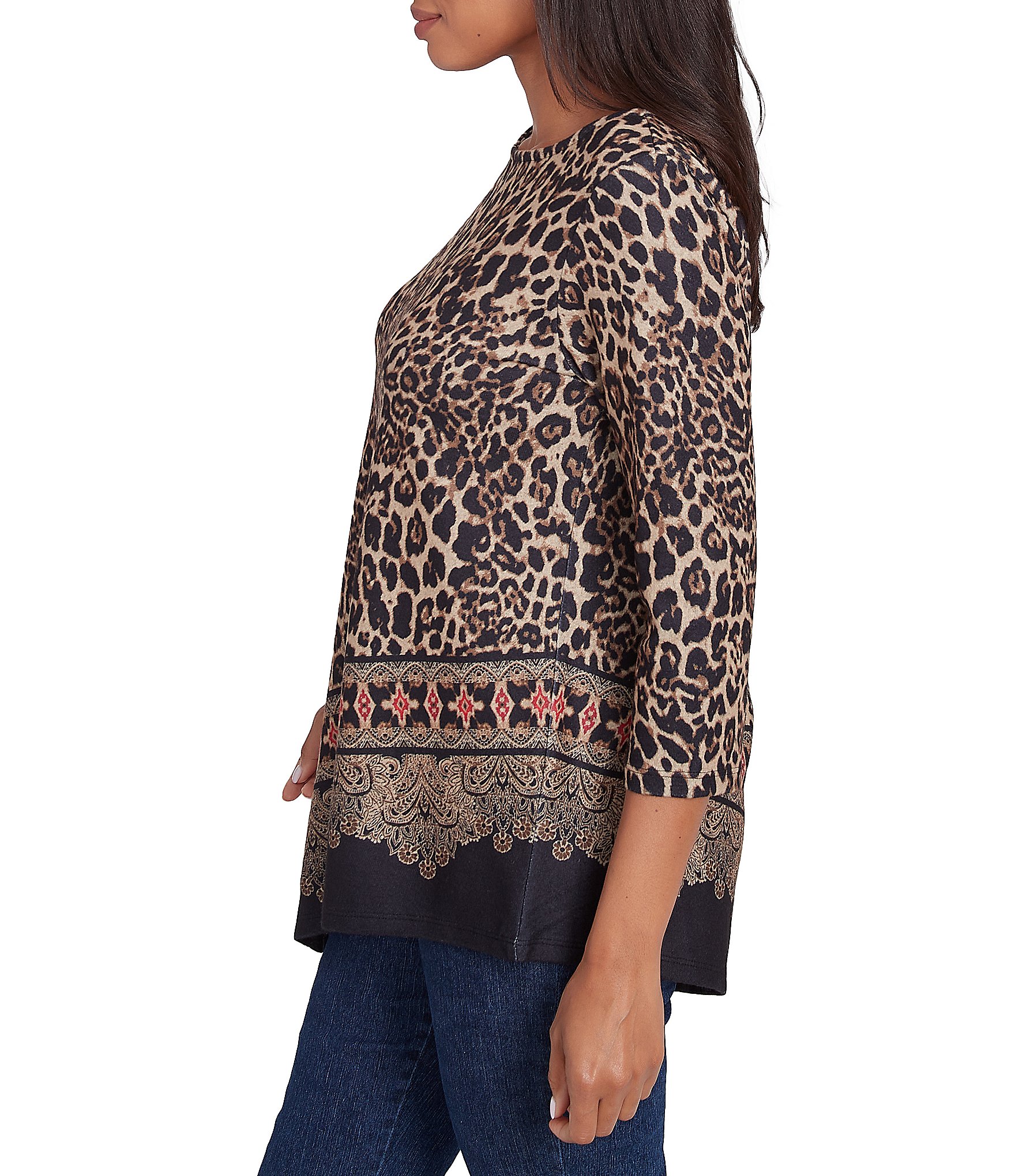 Ruby Rd. Knit Leopard Paisley Border Print Ballet Neck 3/4 Sleeve Top