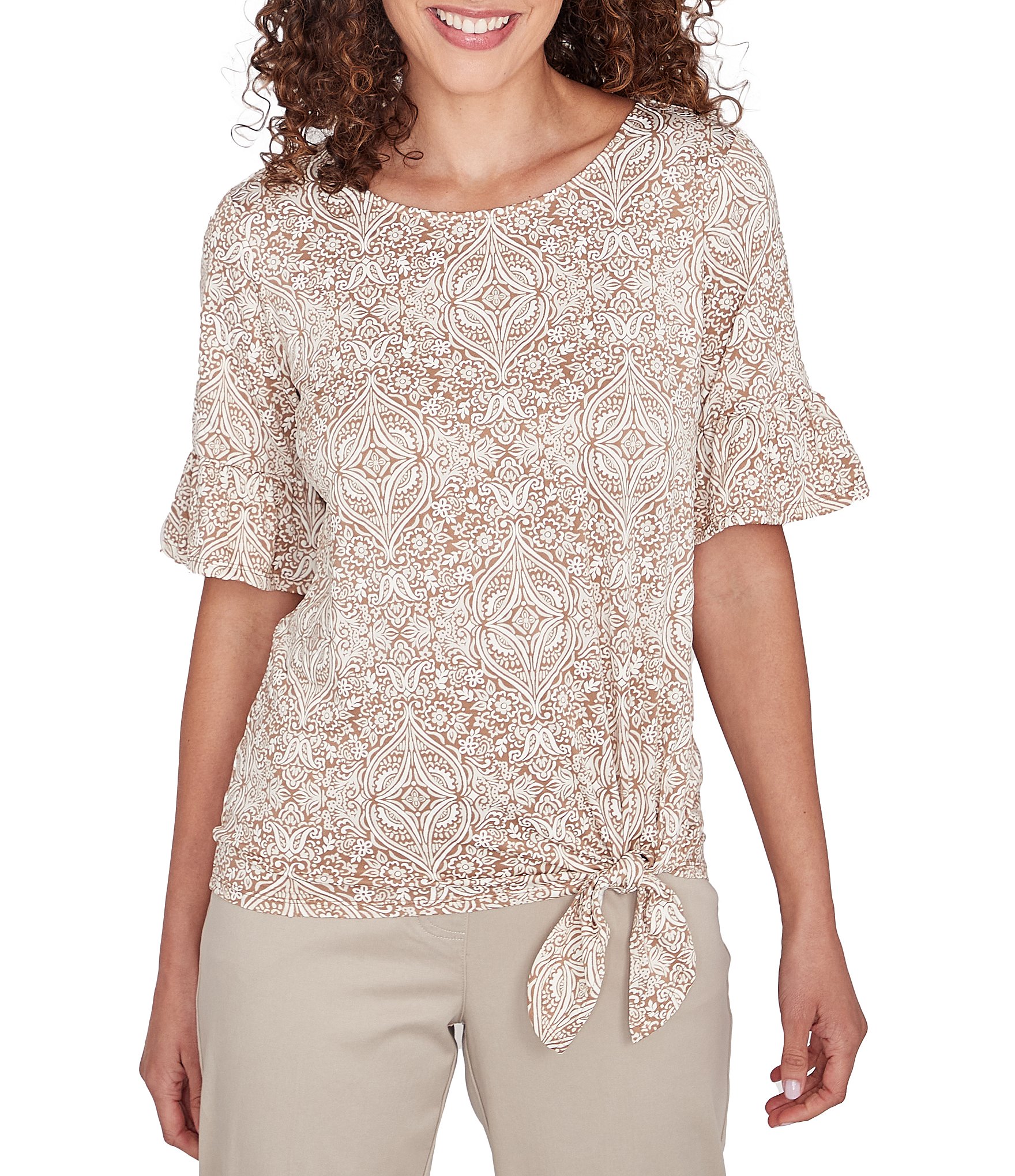 Ruby Rd. Knit Paisley Print Crew Neck Short Sleeve Tie-Side Top | Dillard's