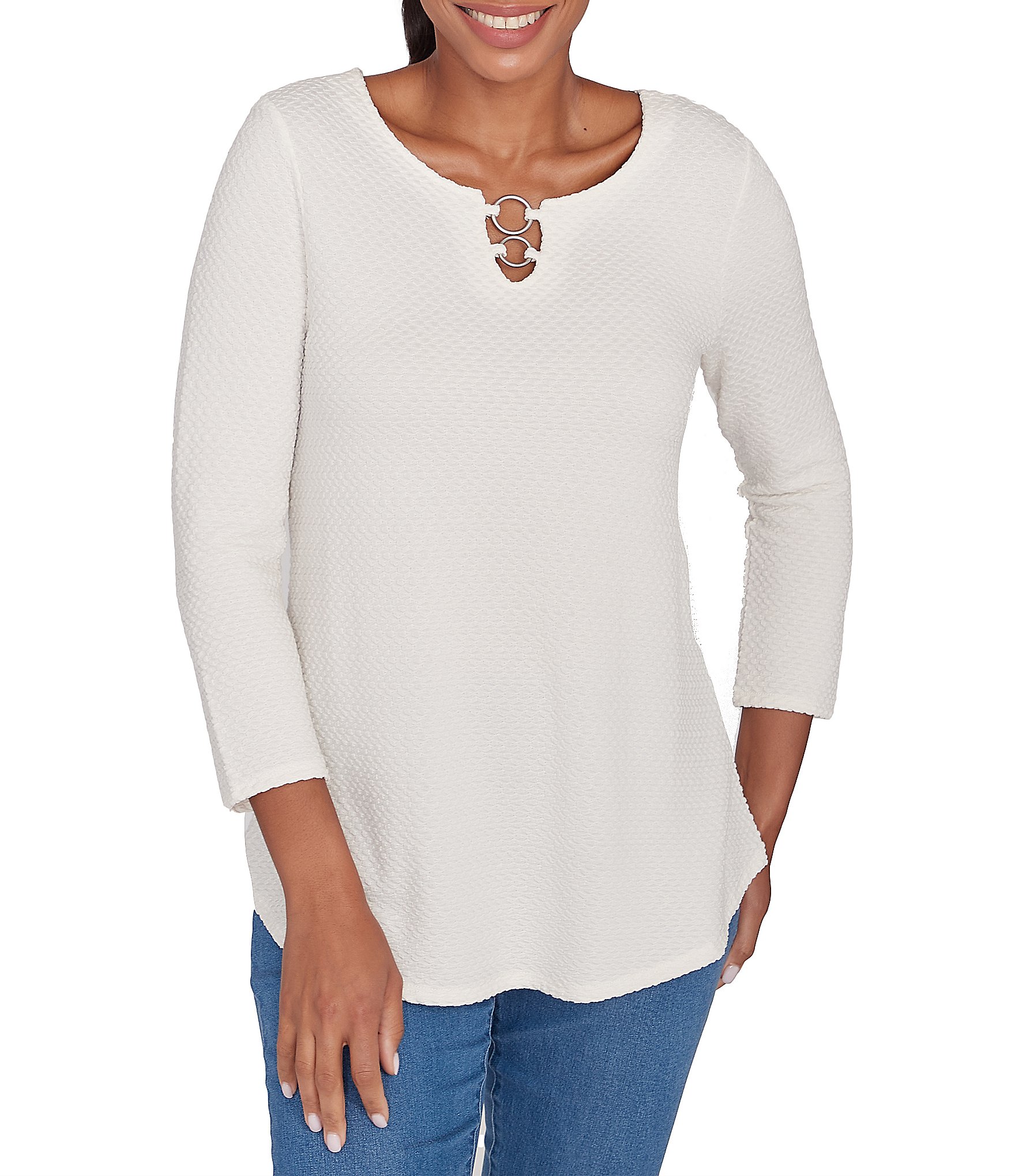 Ruby Rd. Knit Split V-Neck 3/4 Sleeve Top