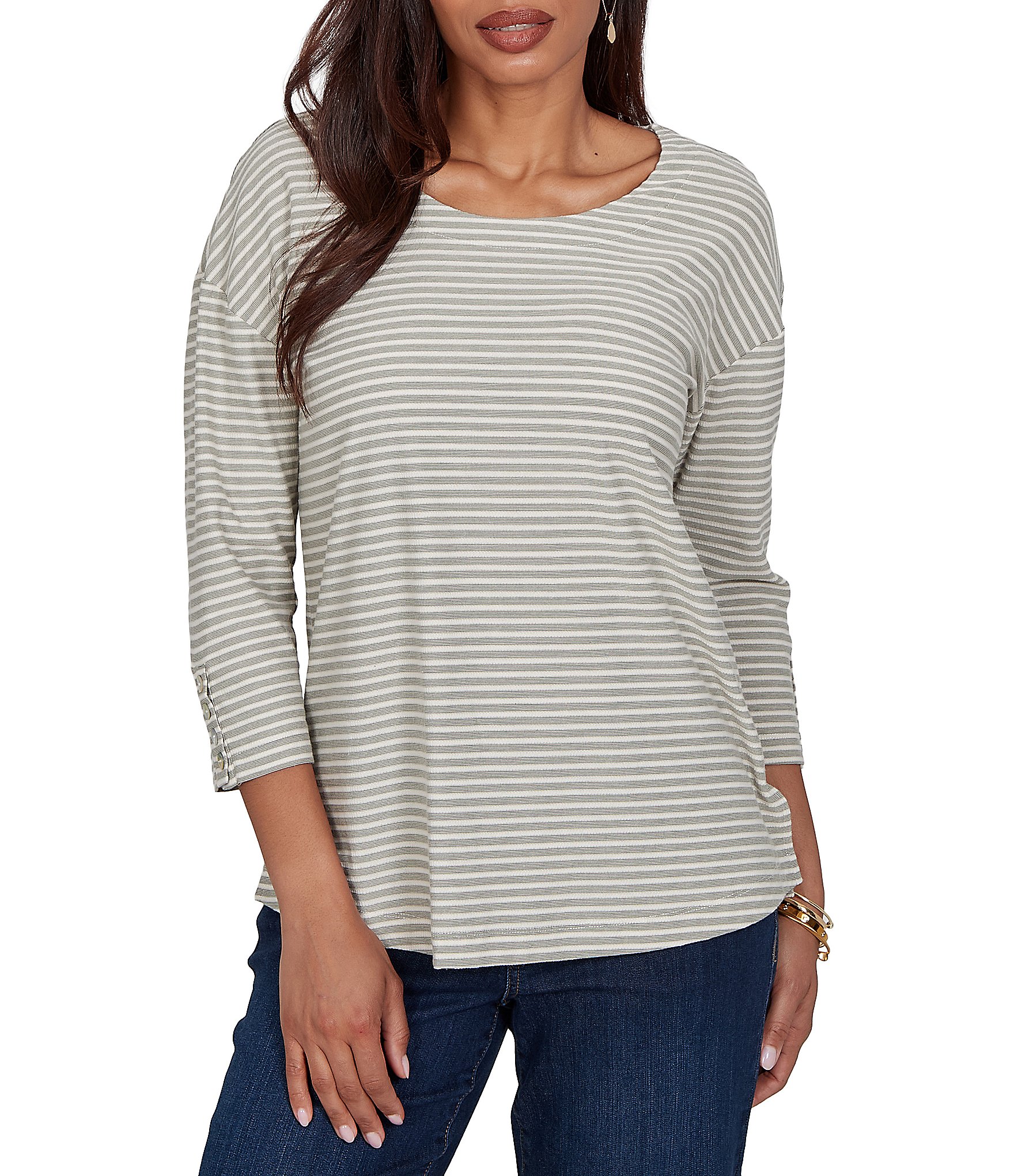 Ruby Rd. Knit Stripe Boat Neck 3/4 Sleeve Top
