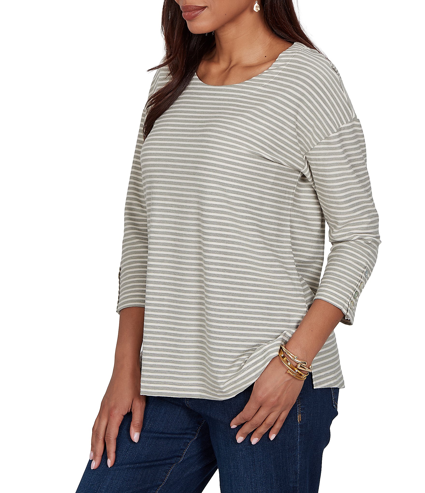 Ruby Rd. Knit Stripe Boat Neck 3/4 Sleeve Top