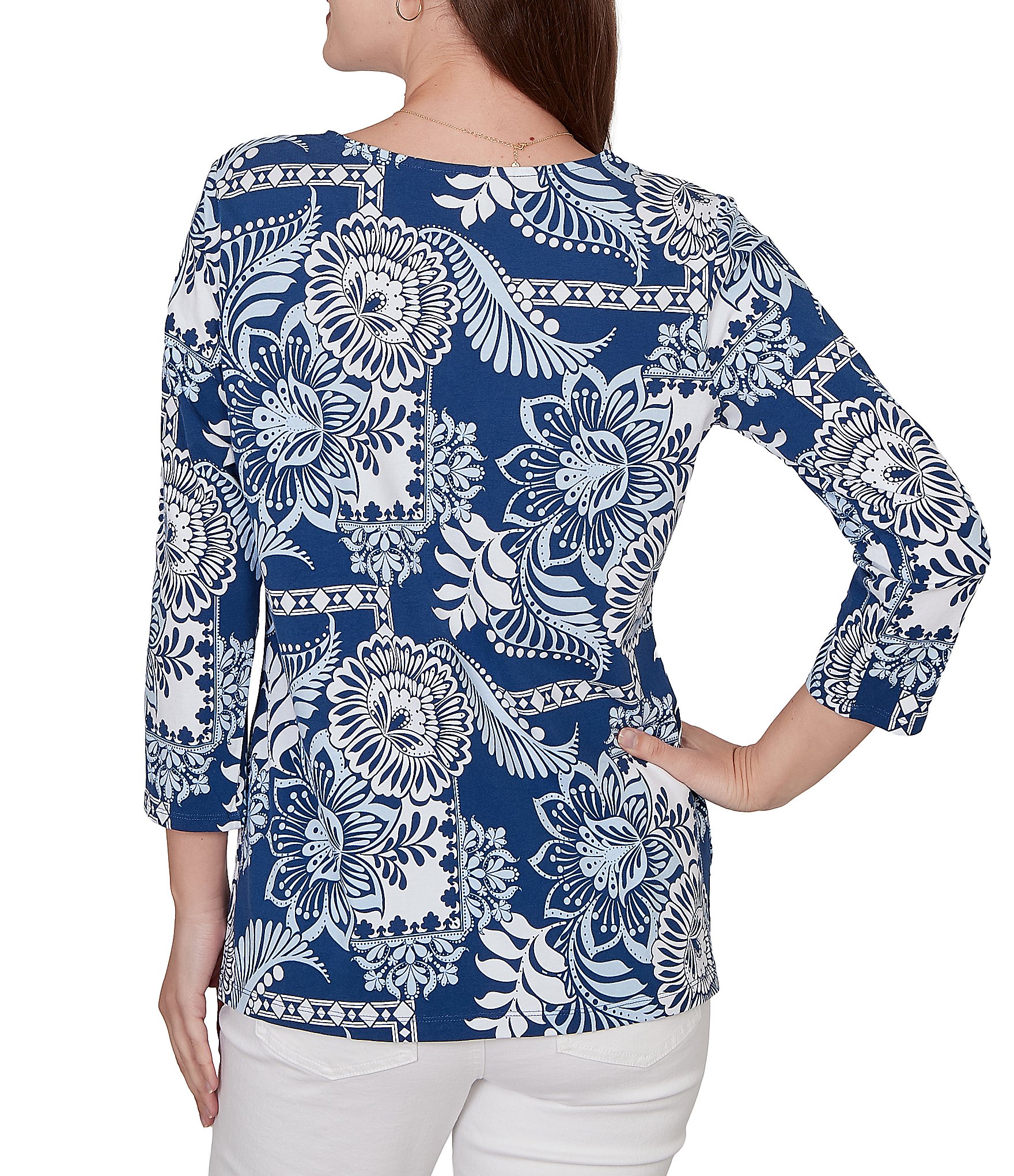 Ruby Rd. Knit Tropical Patchwork Print Scoop Neck 3/4 Sleeve Top