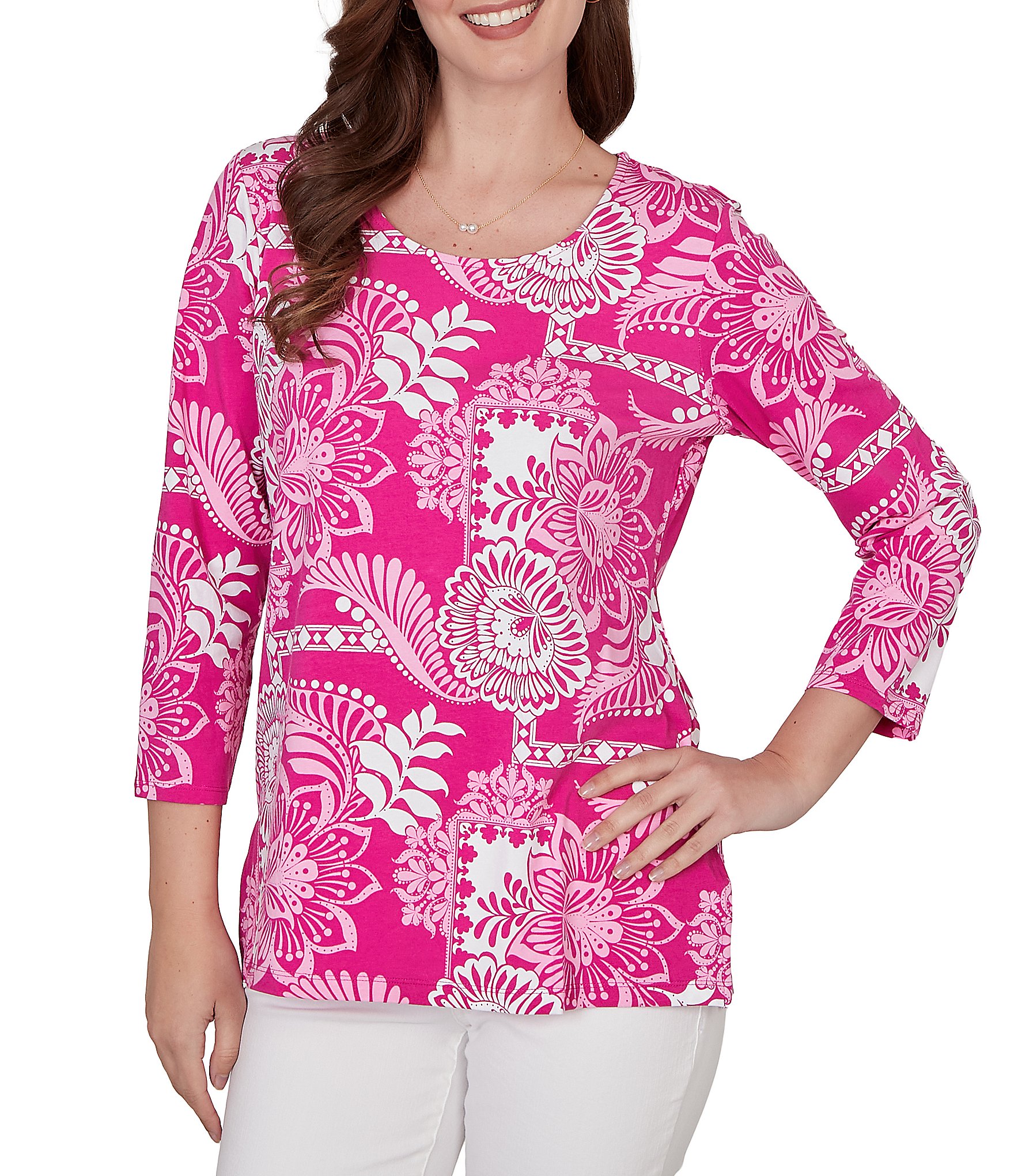 Ruby Rd. Knit Tropical Patchwork Print Scoop Neck 3/4 Sleeve Top