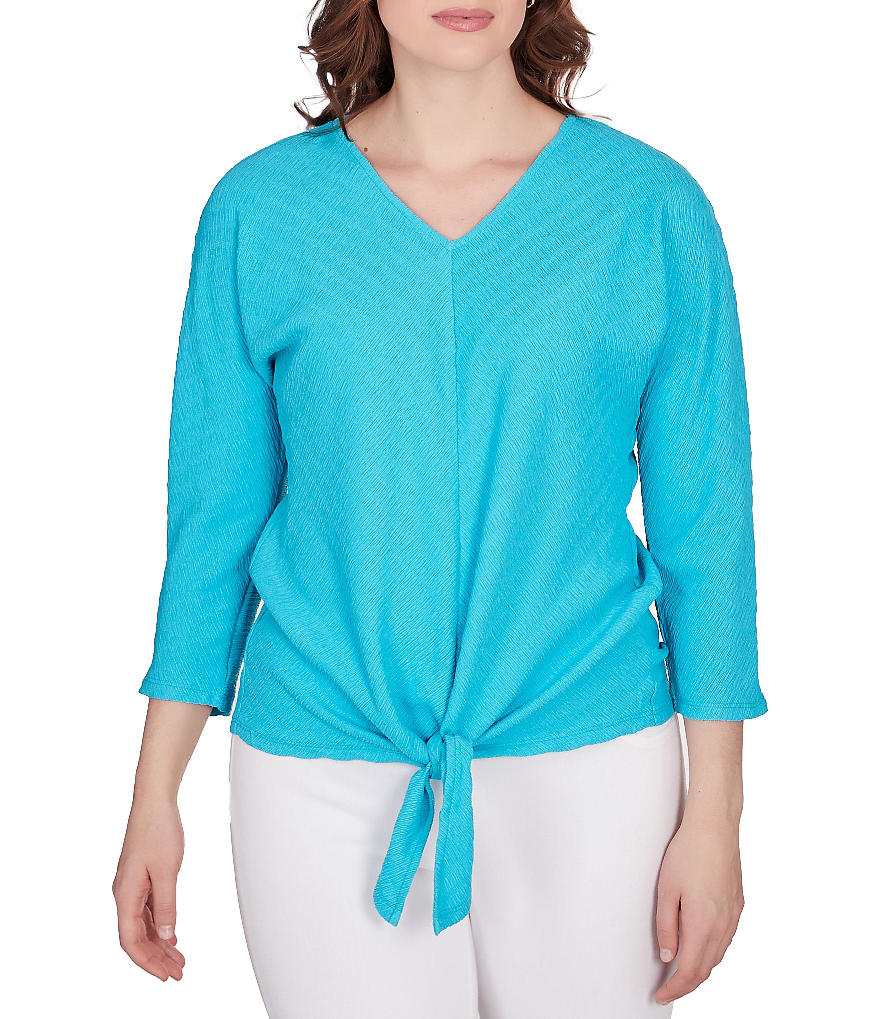 Ruby Rd. Knit V-Neck 3/4 Sleeve Tie-Front Top | Dillard's