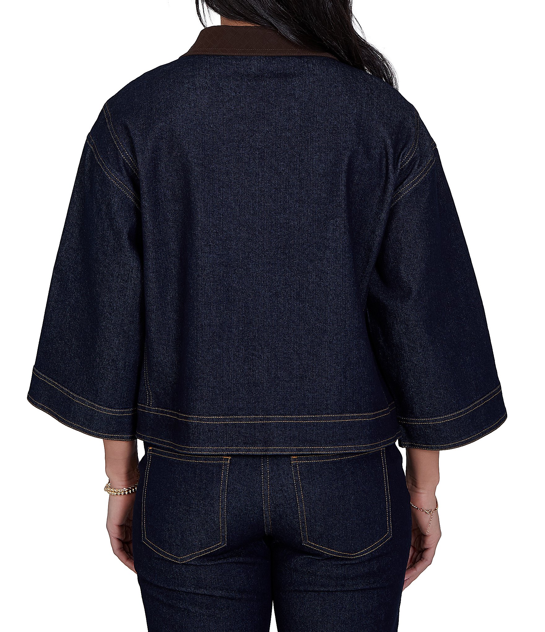 Ruby Rd. Light Weight Denim Faux Leather Collar 3/4 Sleeve Button Front Caplet Jacket