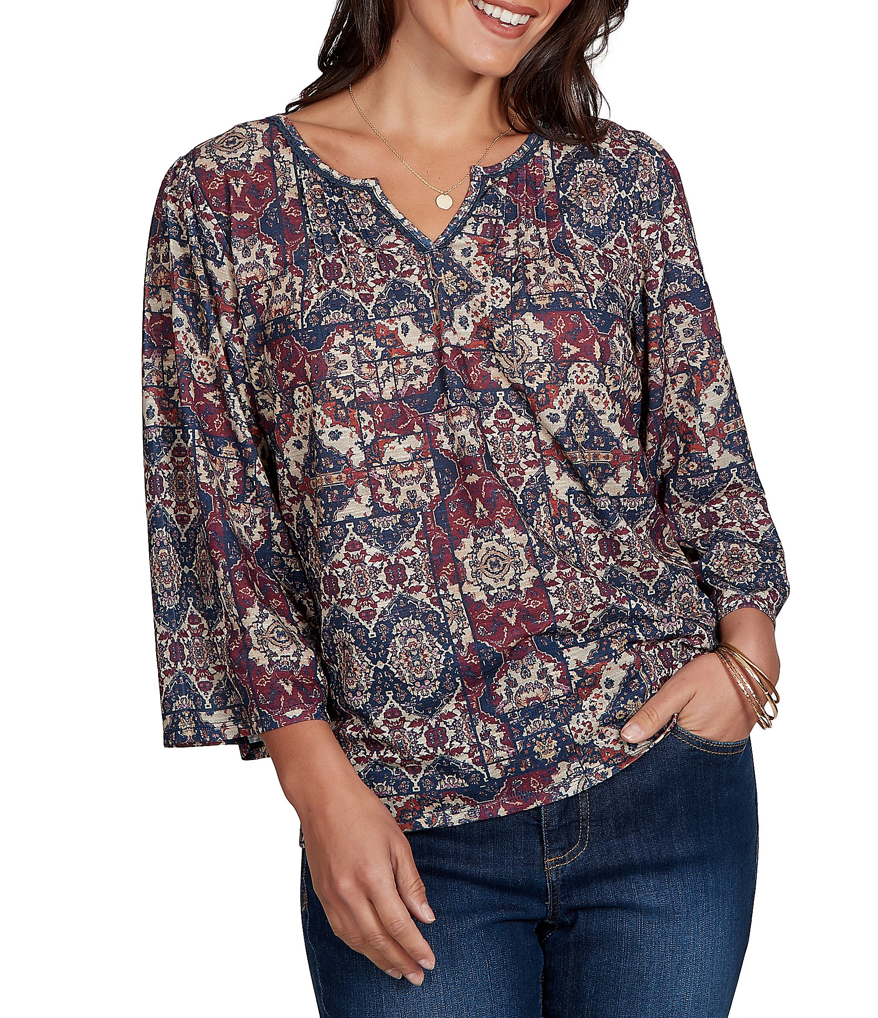 Ruby Rd. Light Weight Slub Knit Patchwork Tapestry Split V-Neck 3/4 Sleeve Top