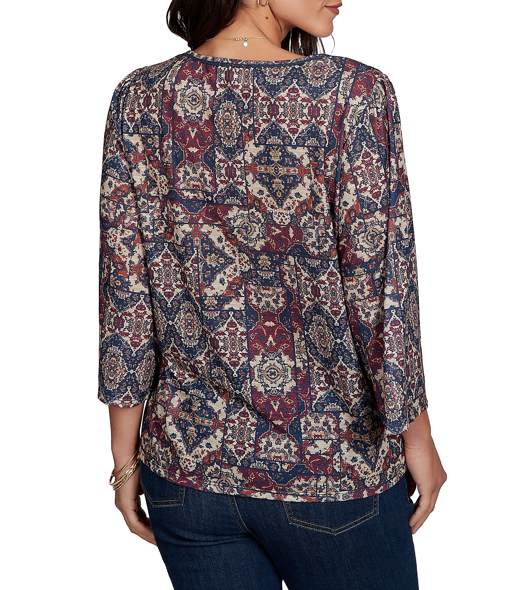 Ruby Rd. Light Weight Slub Knit Patchwork Tapestry Split V-Neck 3/4 Sleeve Top