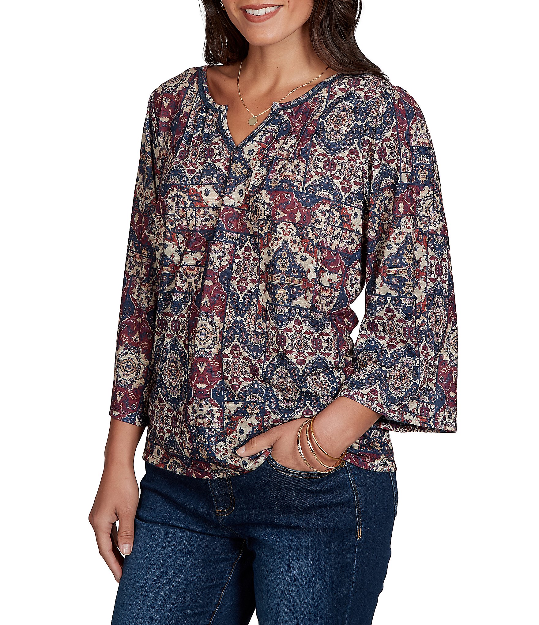 Ruby Rd. Light Weight Slub Knit Patchwork Tapestry Split V-Neck 3/4 Sleeve Top
