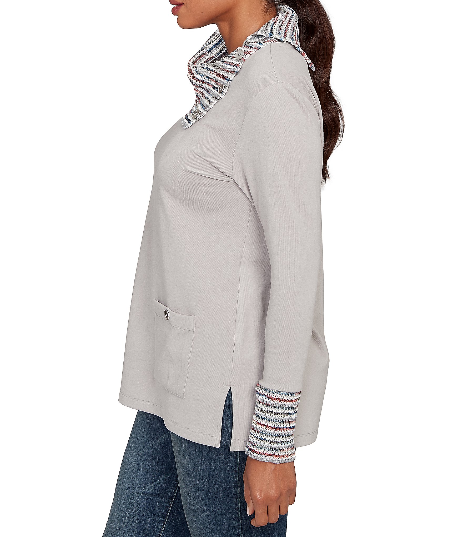 Ruby Rd. Luxe Knit Ribbed Split Cowl Neck Long Sleeve Top