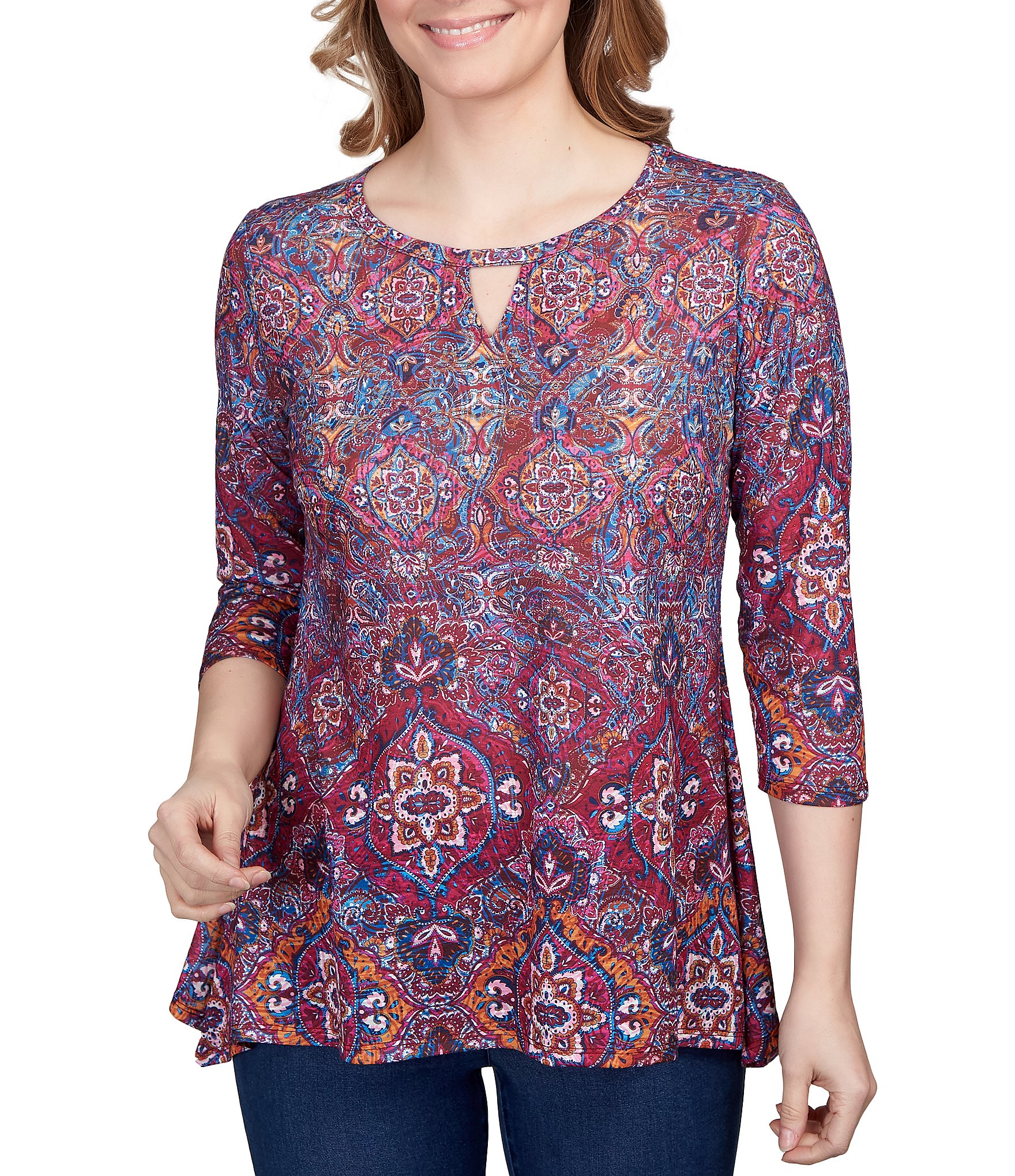 Alex Evenings Floral Print 3/4 Sleeve Tiered Hem Chiffon Blouse