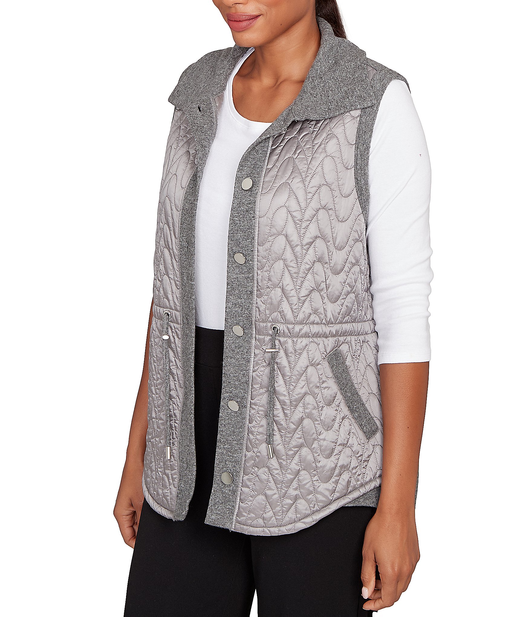 Ruby Rd. Mixed Media Drawstring Waist Button-Front Quilted Vest