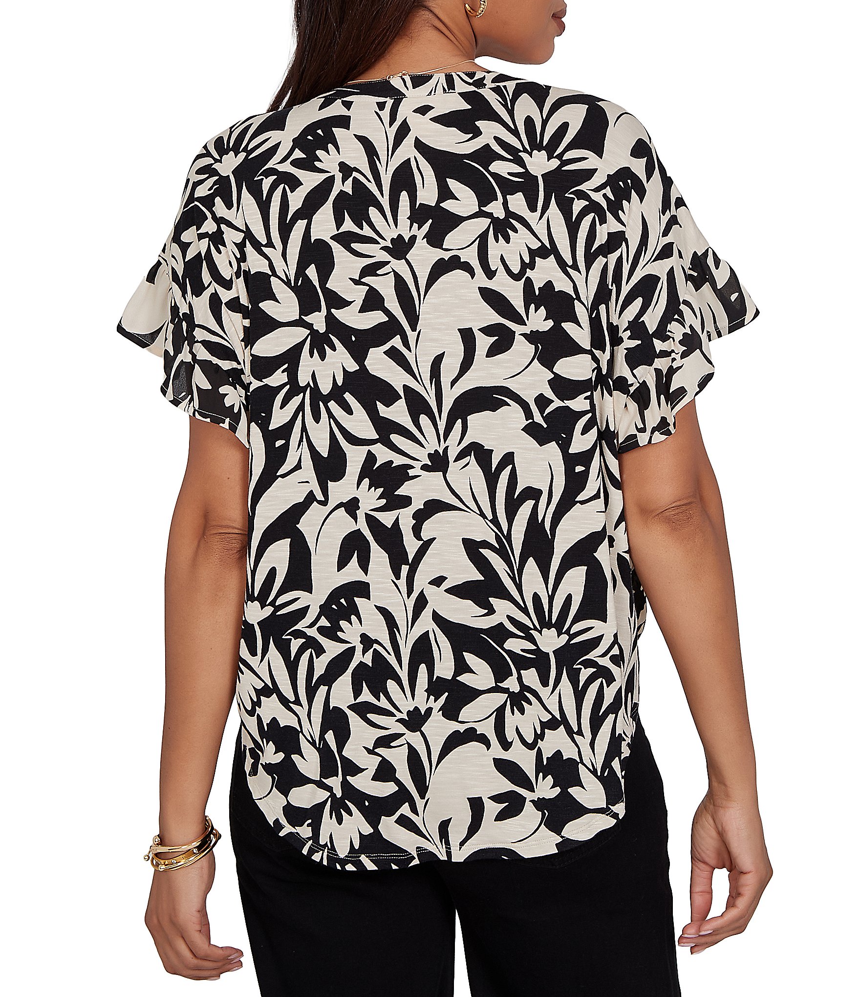 Ruby Rd. Mixed-Media Monochrome Floral V-Neck Short Ruffle Sleeve Button Tie Front Shirt