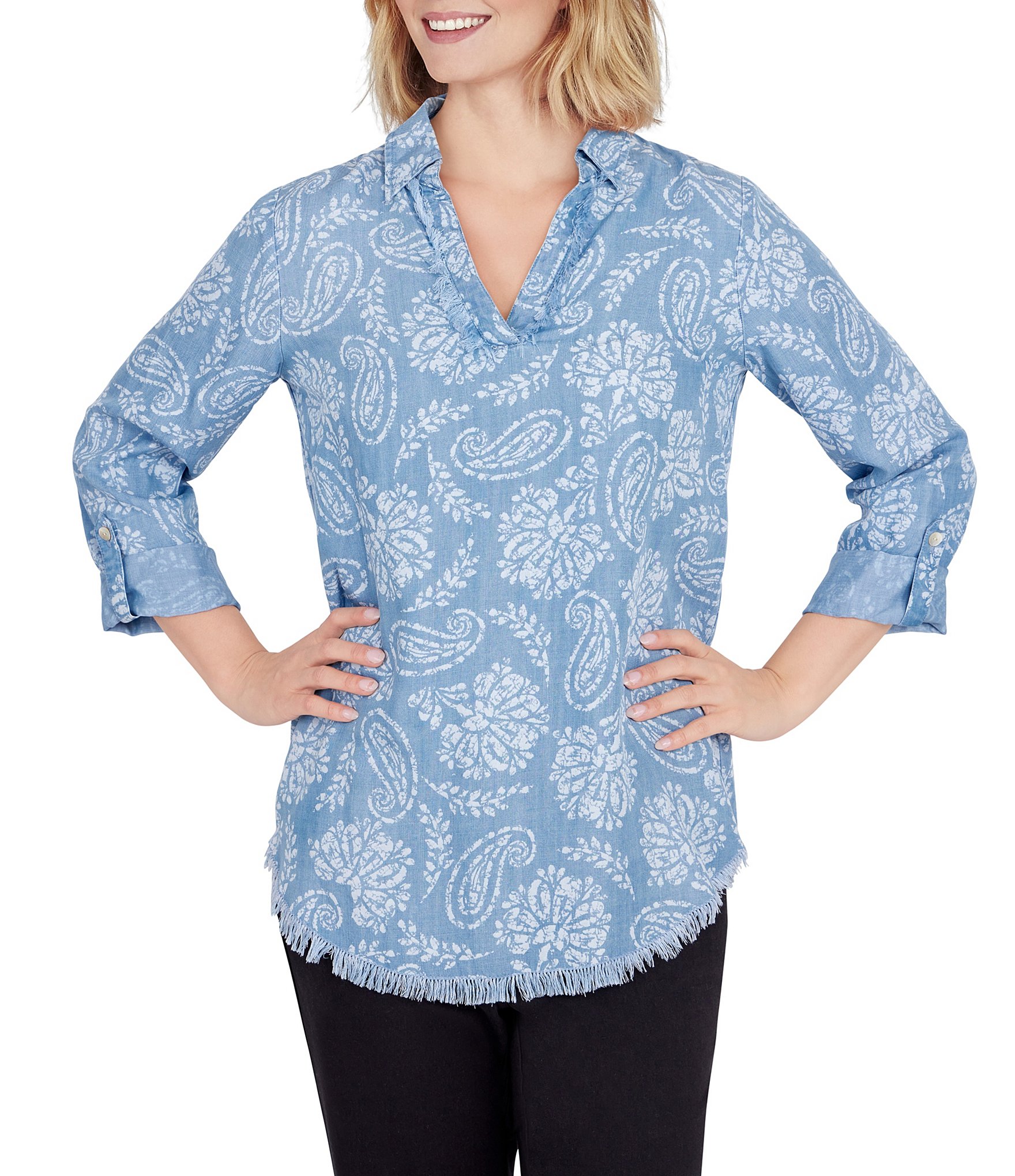 Ruby Rd. Paisley Floral Print Tencel™ Lyocell Collar V-Neck Roll-Tab ...