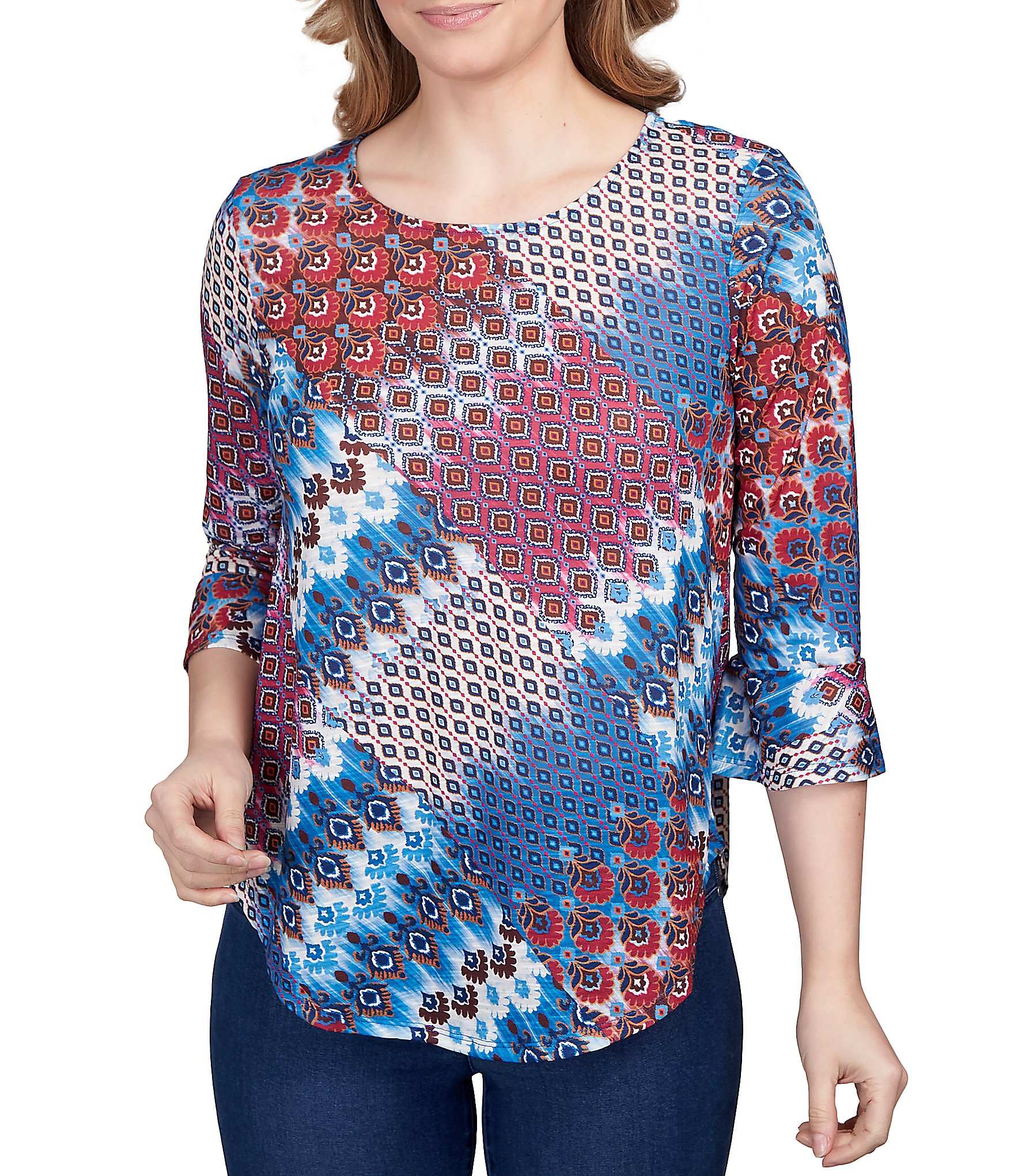 Ruby Rd. Patchwork Print 3/4 Sleeve Top | Dillard's