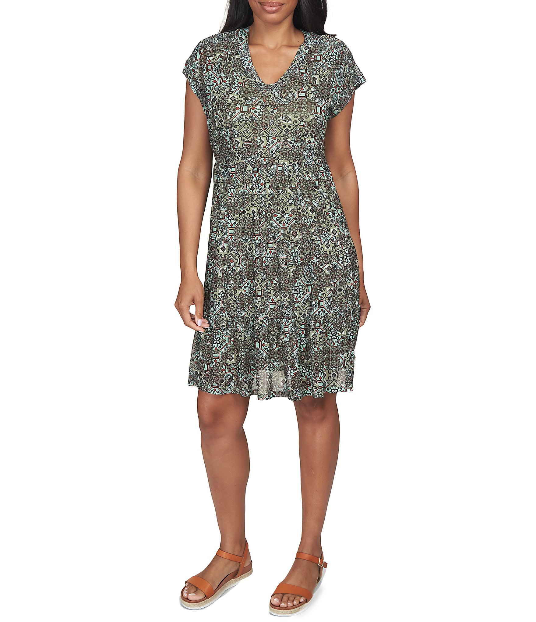 Ruby Rd. Patchwork Print Mesh Knit V-Neck Short Sleeve Flounce Hem Dress