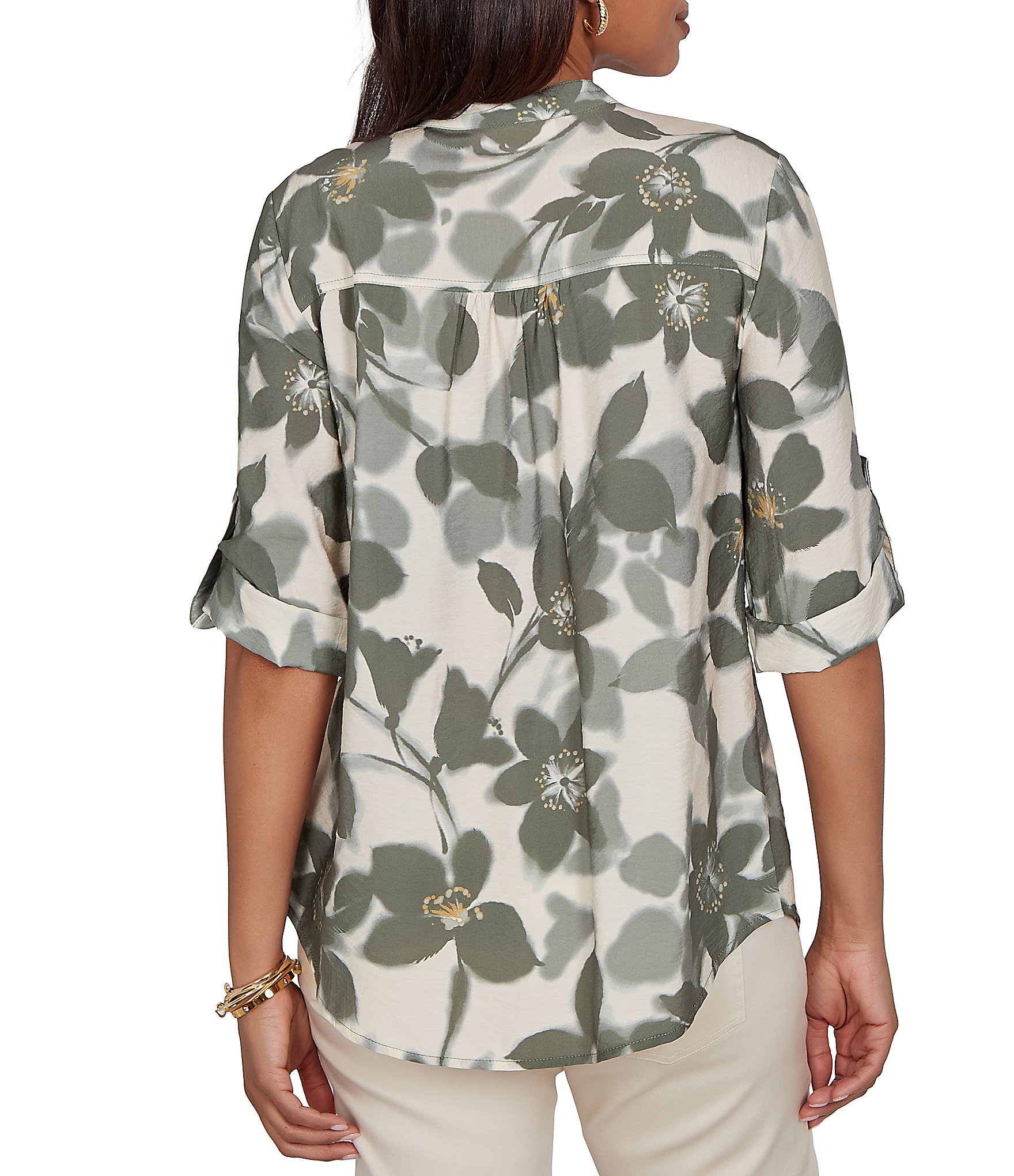 Ruby Rd. Petite Size Multi Silky Voile Shadow Floral Split V-Neck 3/4 Sleeve Pleated Button Front Shirt
