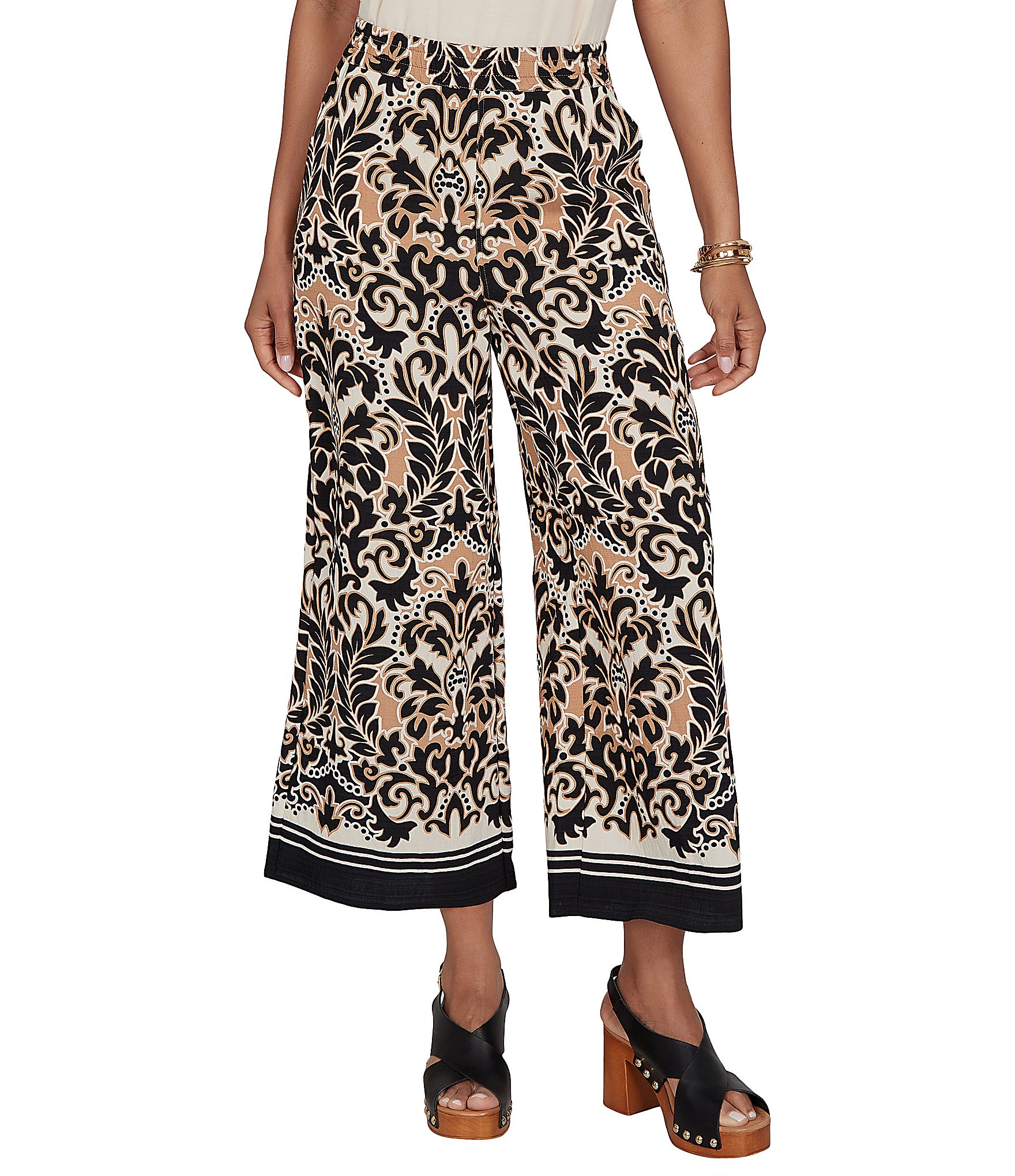 Ruby Rd. Petite Size Coordinating Textured Woven Modern Damask Pull-On Crop Pants