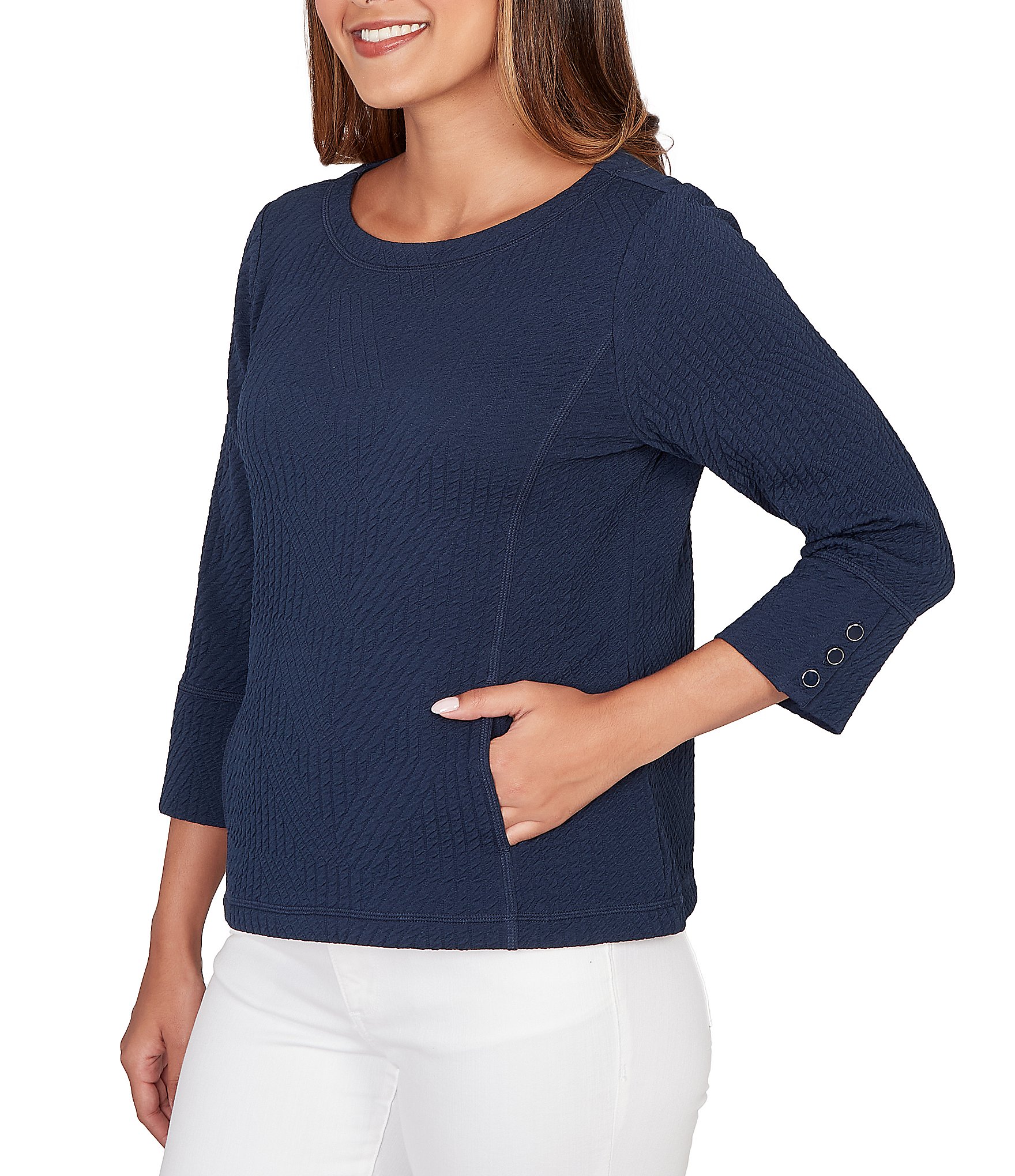 Ruby Rd. Petite Size Abstract Textured Pucker Knit Scoop Neck 3/4 Sleeve Top