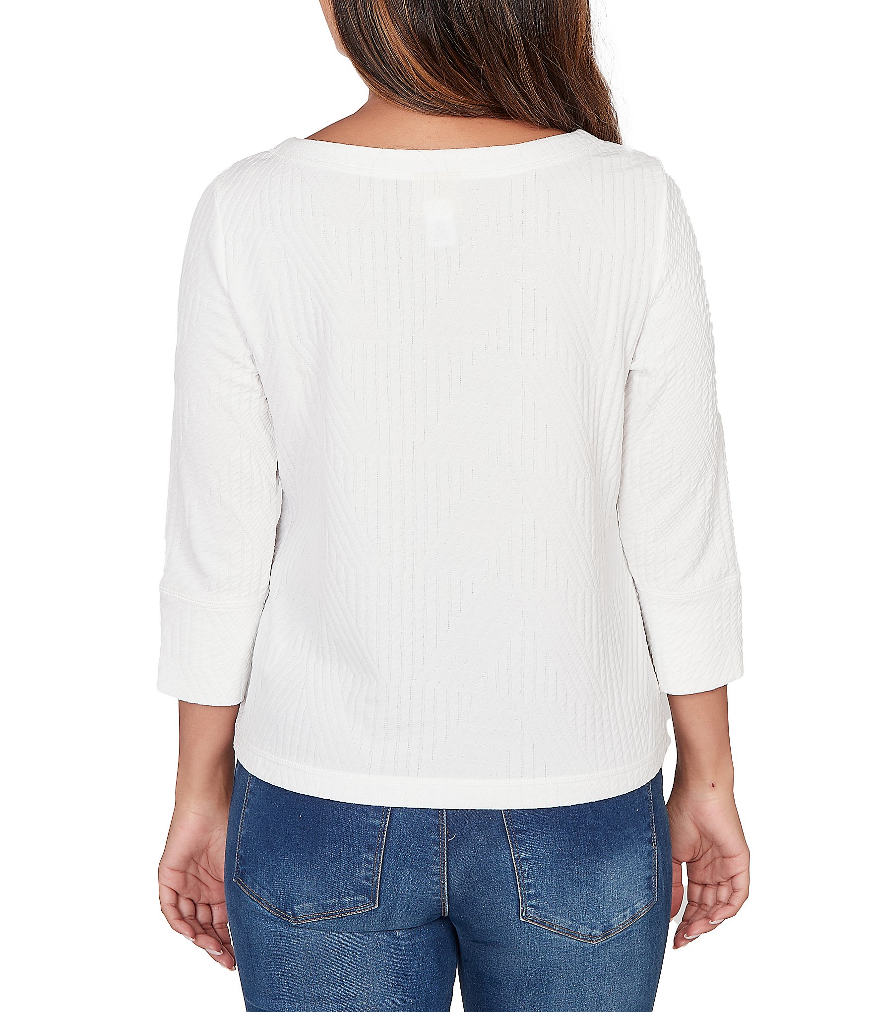 Ruby Rd. Petite Size Abstract Textured Pucker Knit Scoop Neck 3/4 Sleeve Top