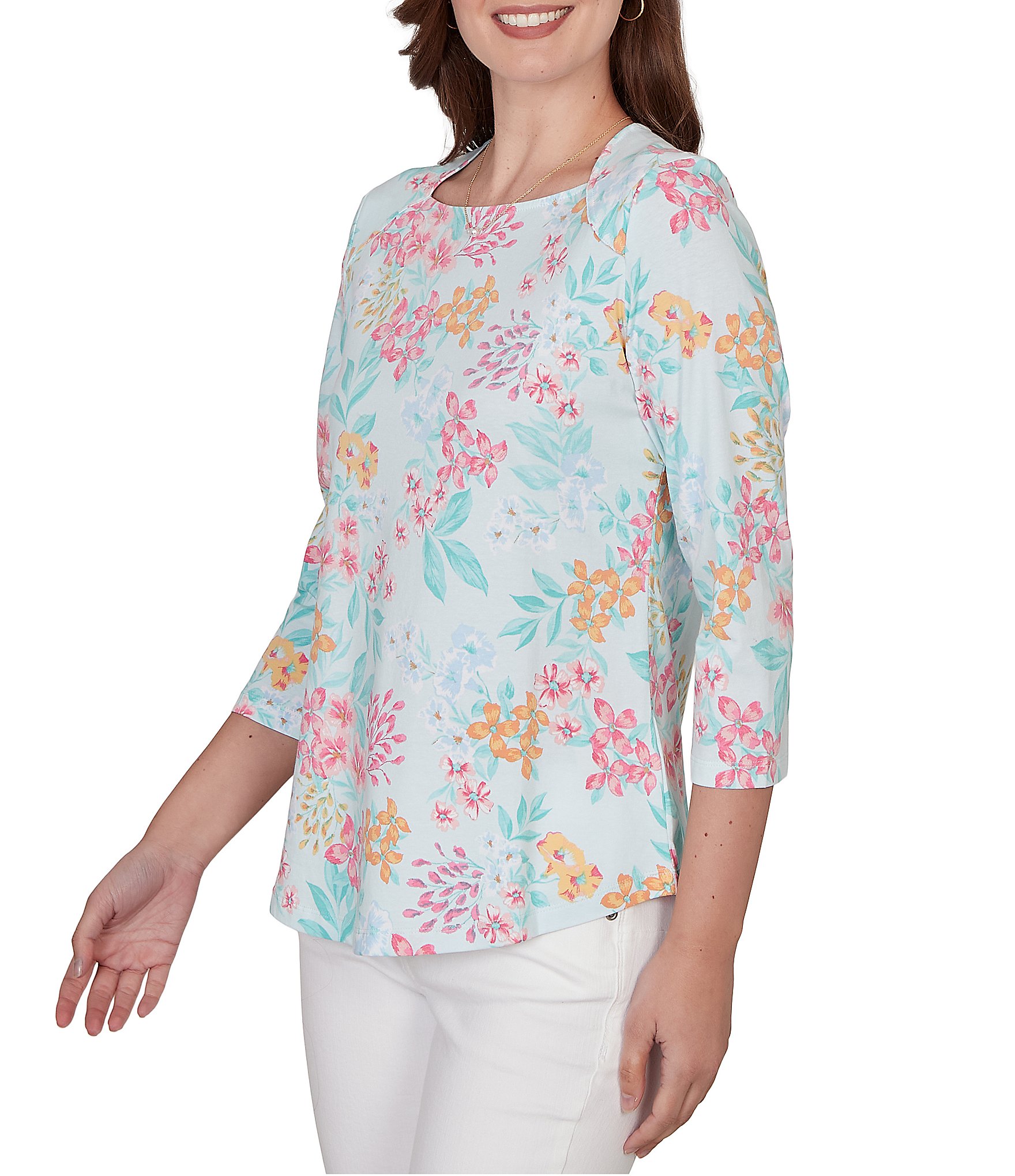 Ruby Rd. Petite Size Allover Floral Envelope Neck 3/4 Sleeve Knit Top