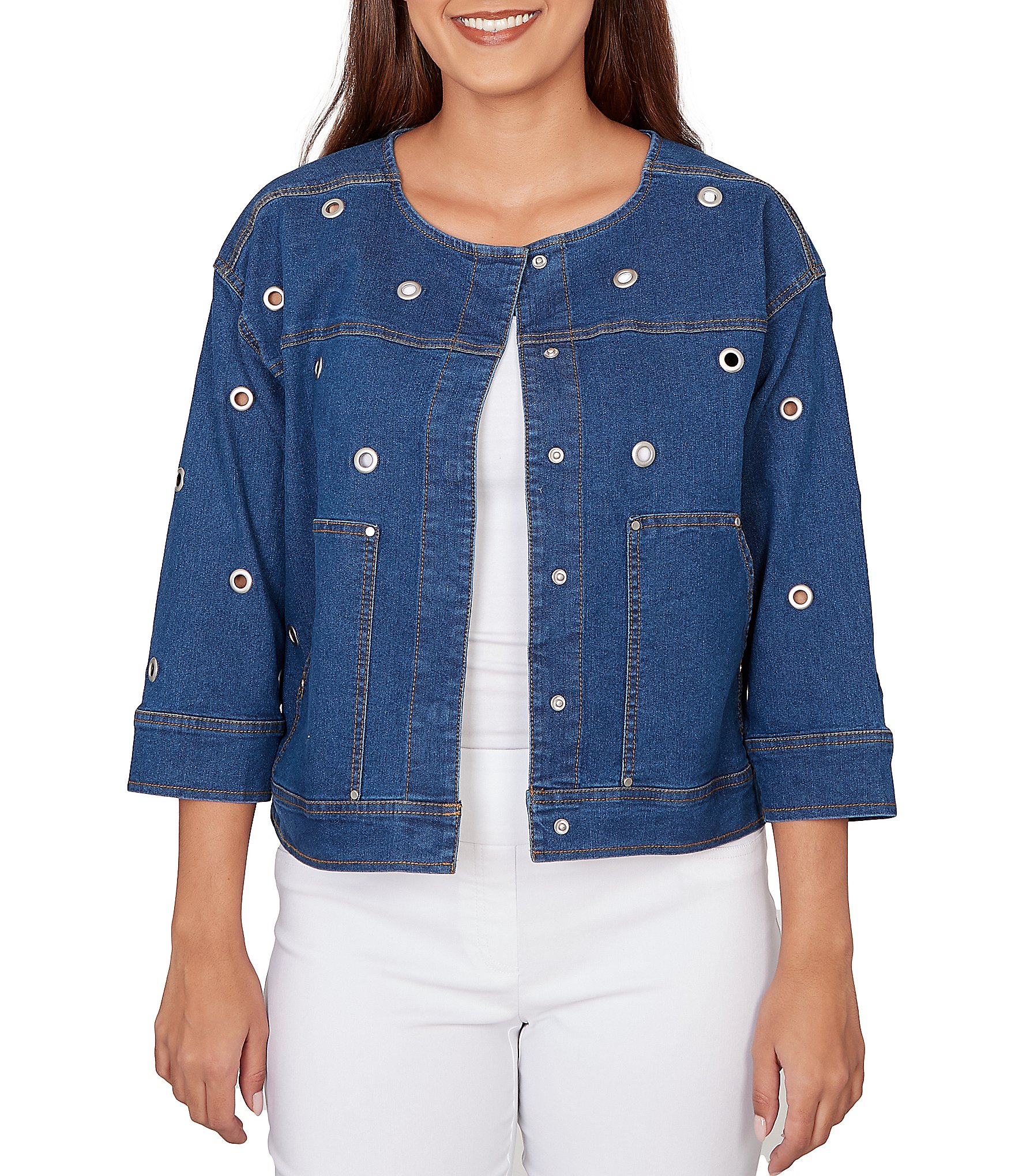 Ruby Rd. Petite Size Allover Grommet Accents 3/4 Sleeve Extra Stretch Denim Jacket